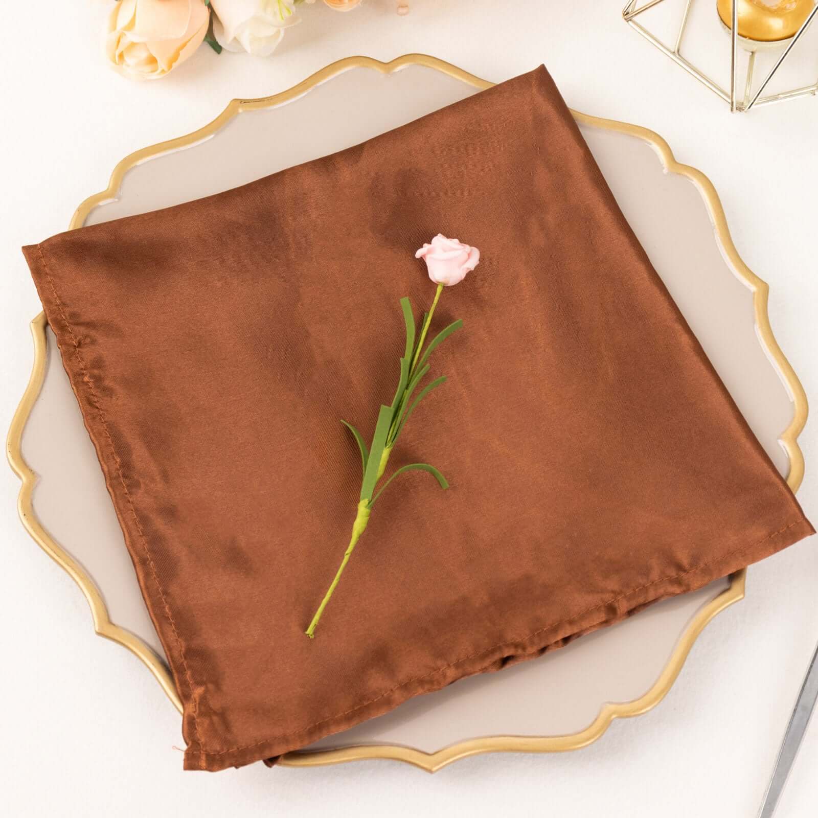 5 Pack Satin 20"x20" Napkins Cinnamon Brown - Luxurious Shine & Smooth Dinner Napkins