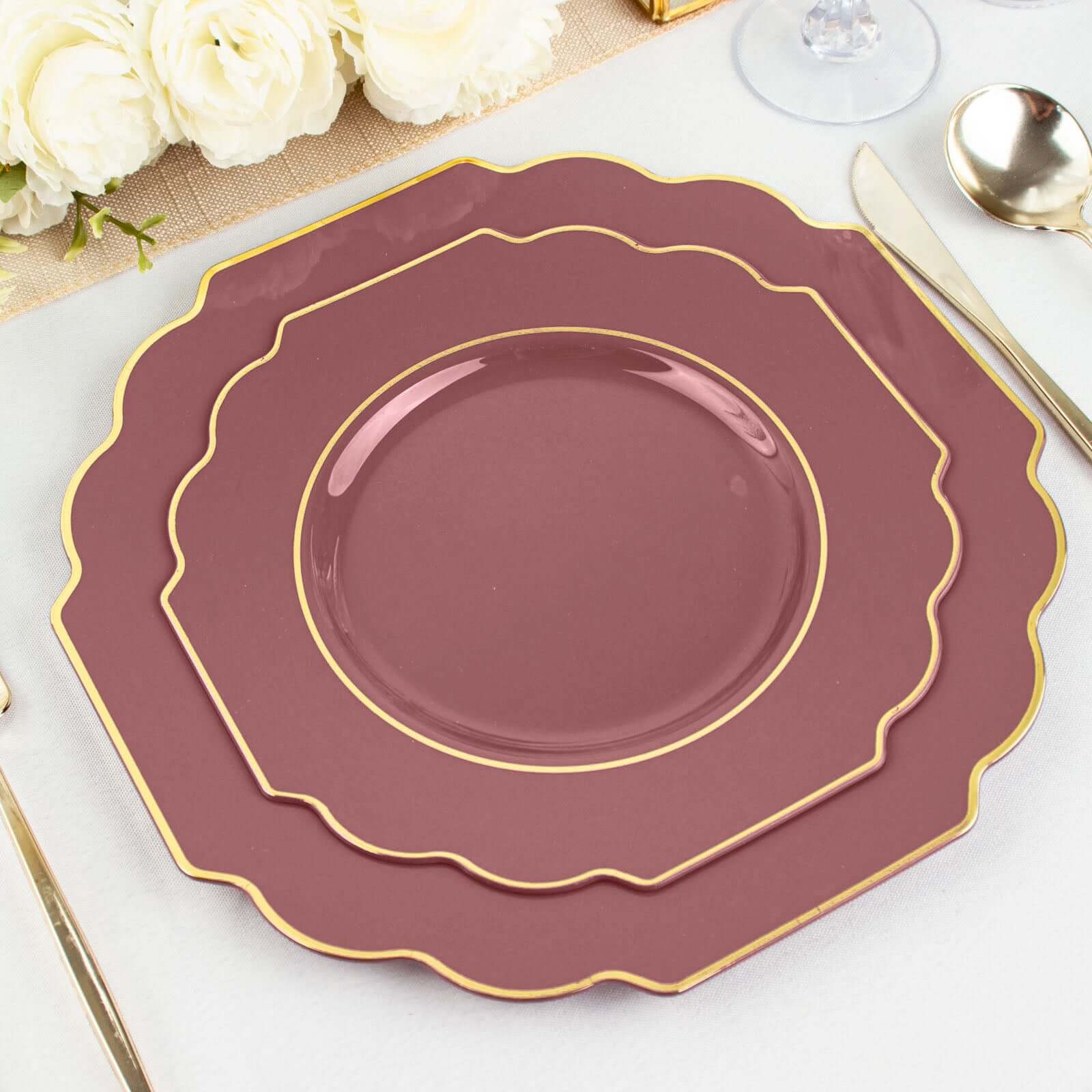 10-Pack Plastic Dinner Plates in Cinnamon Rose Baroque Design with Scalloped Gold Rim - Heavy Duty Disposable Party Plates 11"