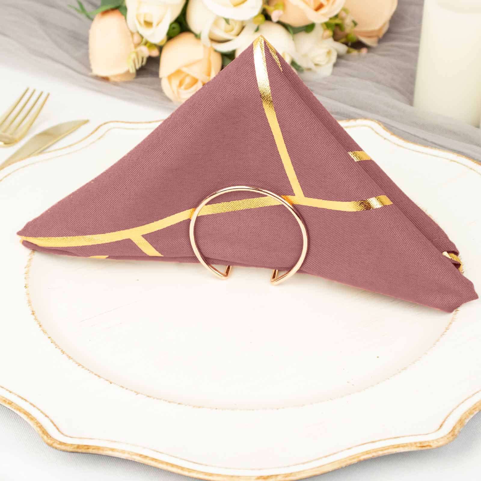 5 Pack Polyester 20"x20" Napkins Cinnamon Rose with Gold Geometric Foil Pattern - Modern Reusable Dinner Napkins
