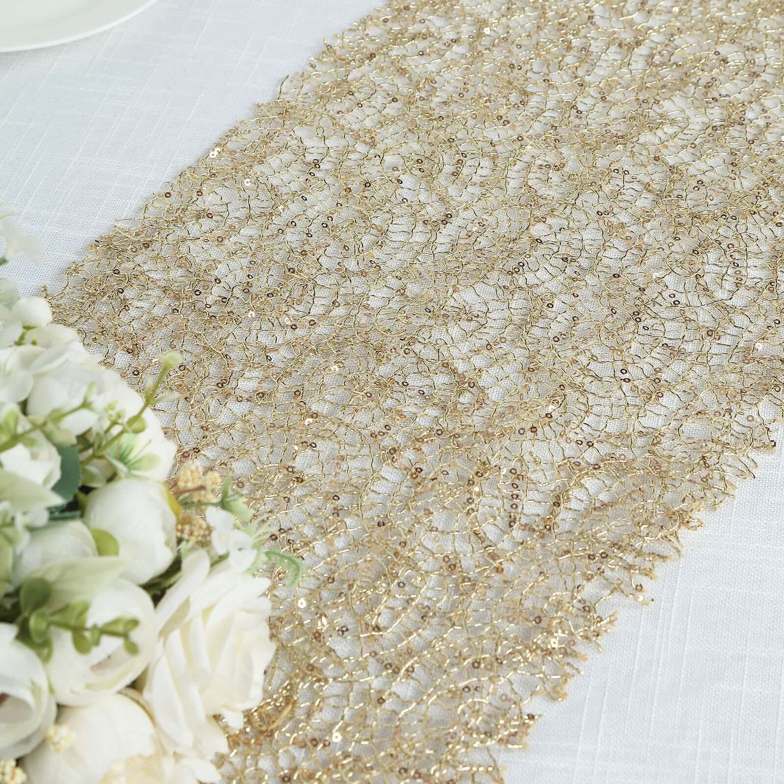Mesh 12"x108" Table Runner Gold - Sequin Schiffli Lace Design for Stylish Celebrations
