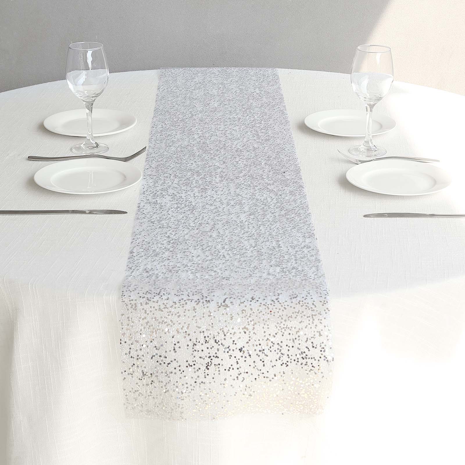Mesh 11"x108" Table Runner Metallic Silver – Glitter Design for Convenient Event Decoration