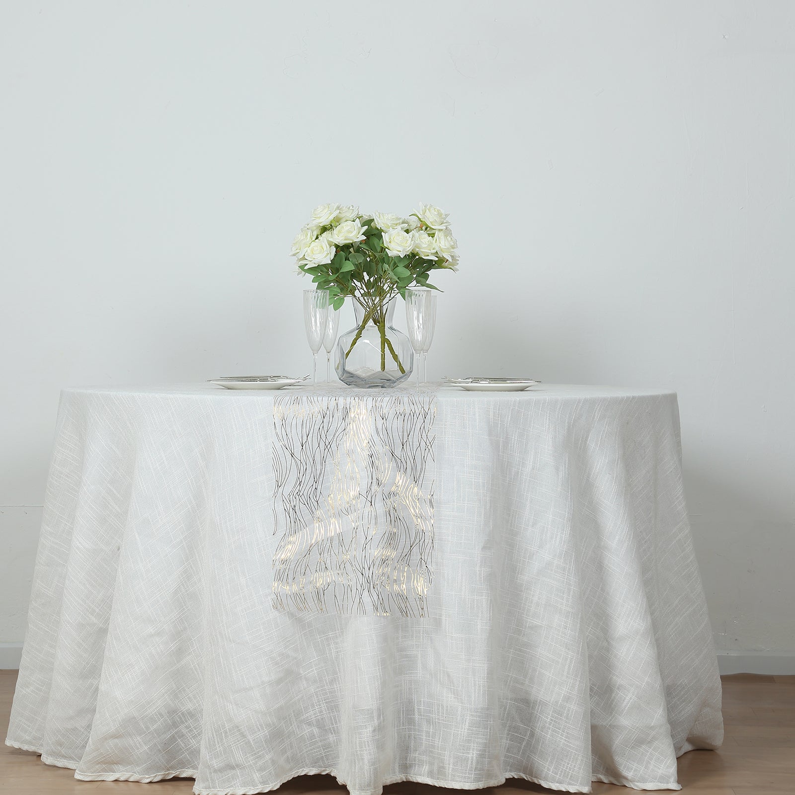 5 Pack Organza 12"x108" Table Runners White with Gold Foil Wave Design - Disposable Stylish Event Decoration