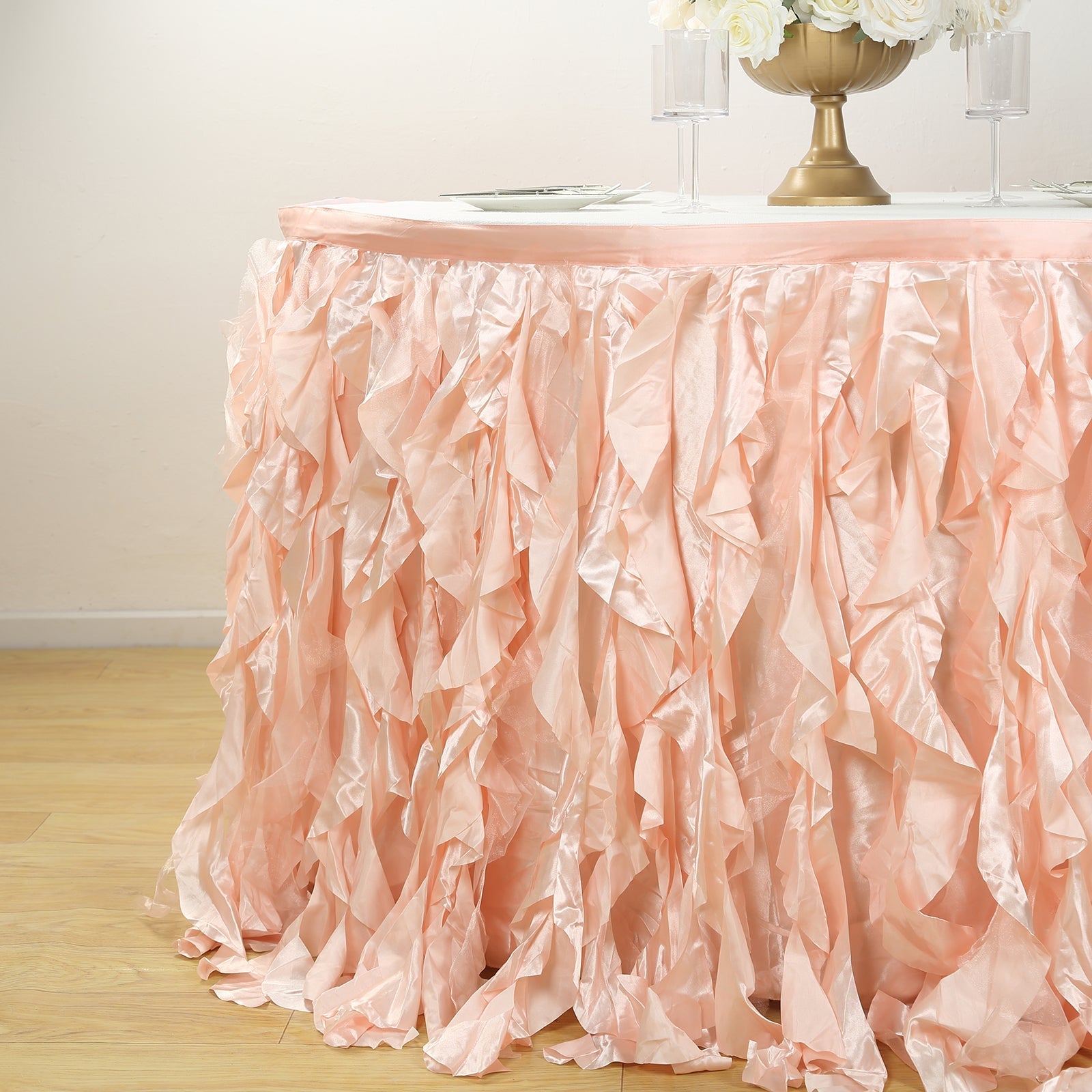 Taffeta 17ft Table Skirt Blush - Cascading Curly Willow Style Table Cover