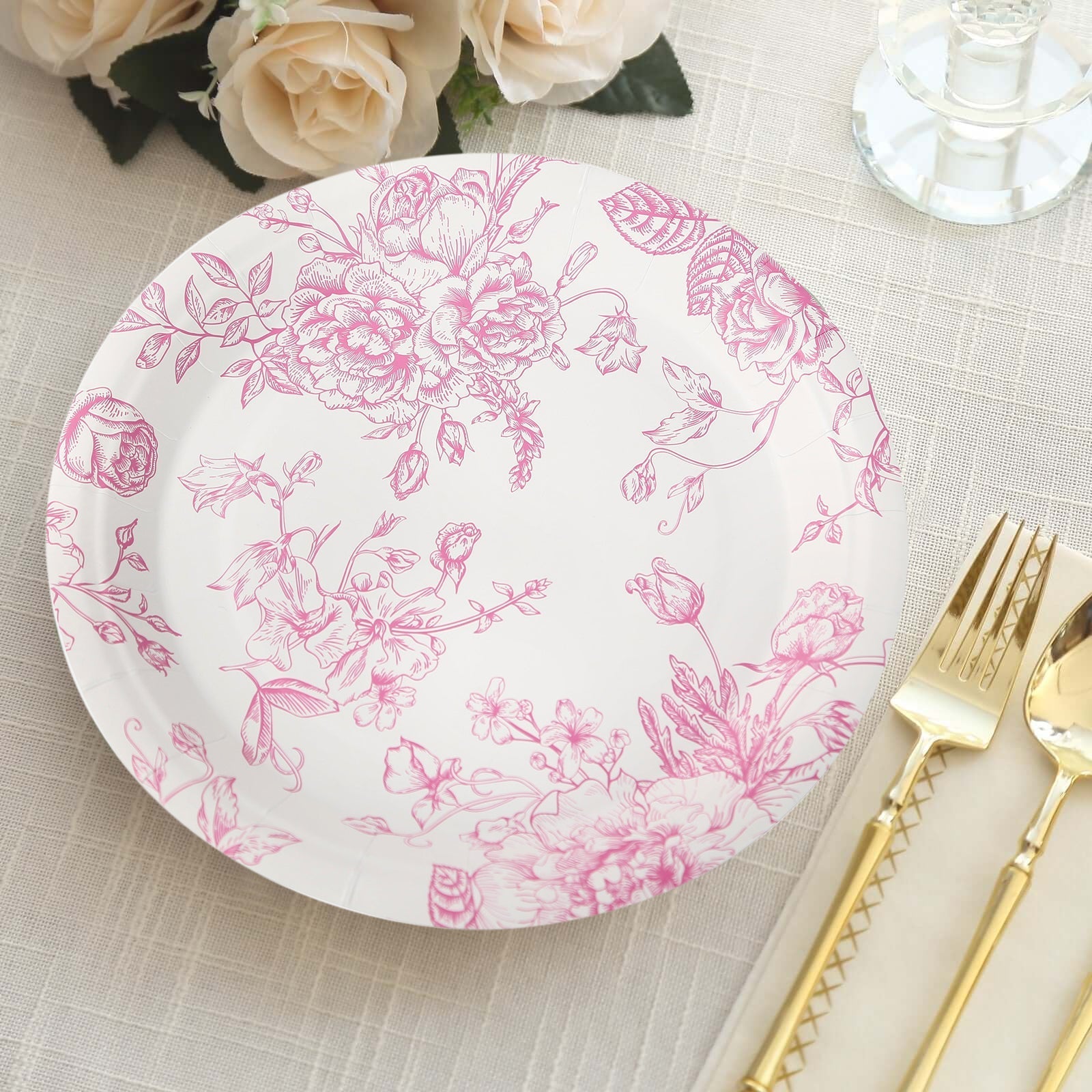 25-Pack Paper 9" Round Dinner Plates in White with Matte Pink French Toile Pattern - Disposable Floral Party Plates