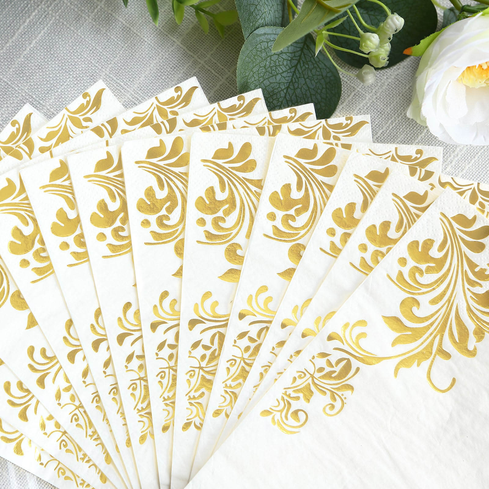 50-Pack Paper Napkins White with Gold Baroque Floral Print - Stylish Disposable Dinner Napkins 8"x4"
