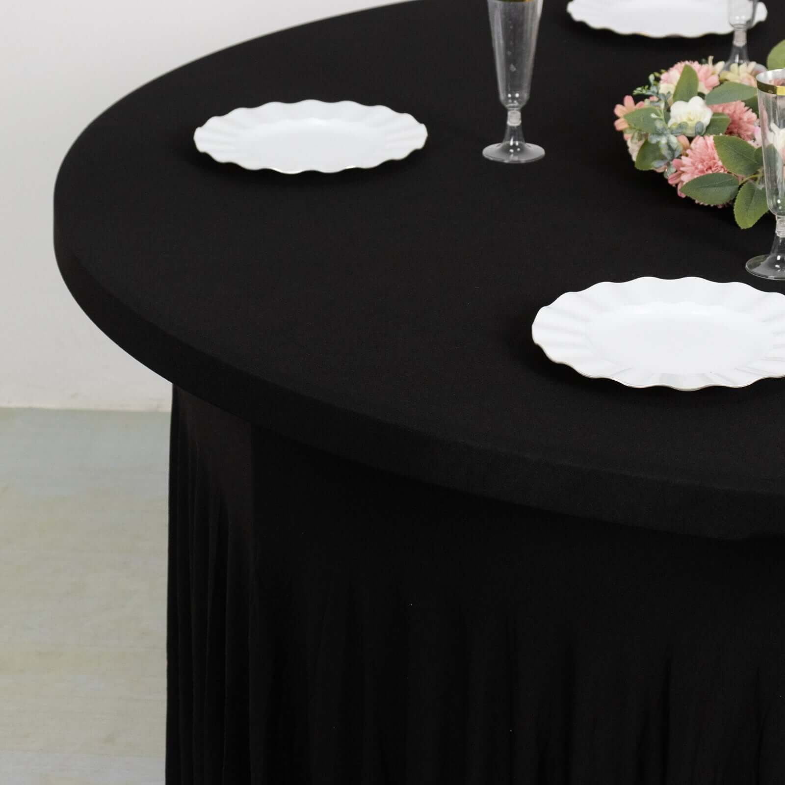 Spandex Round 5ft Table Skirt Black with Wavy Skirt-Like Effect Stylish Table Cover
