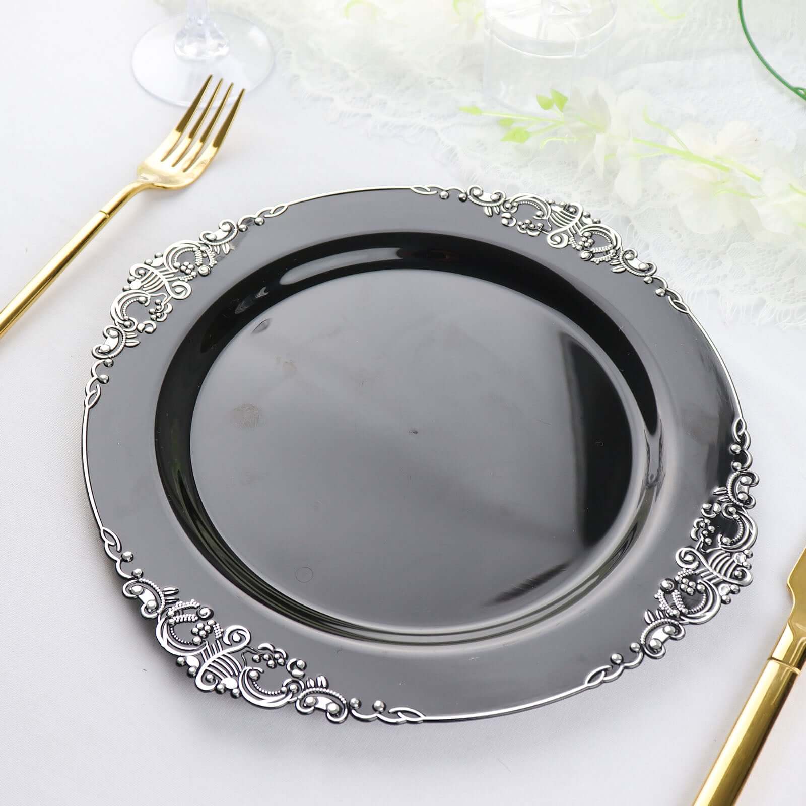 10-Pack Plastic 10" Round Dinner Plates in Black with Silver Leaf Embossed Rim - Disposable Vintage Baroque Style Plates
