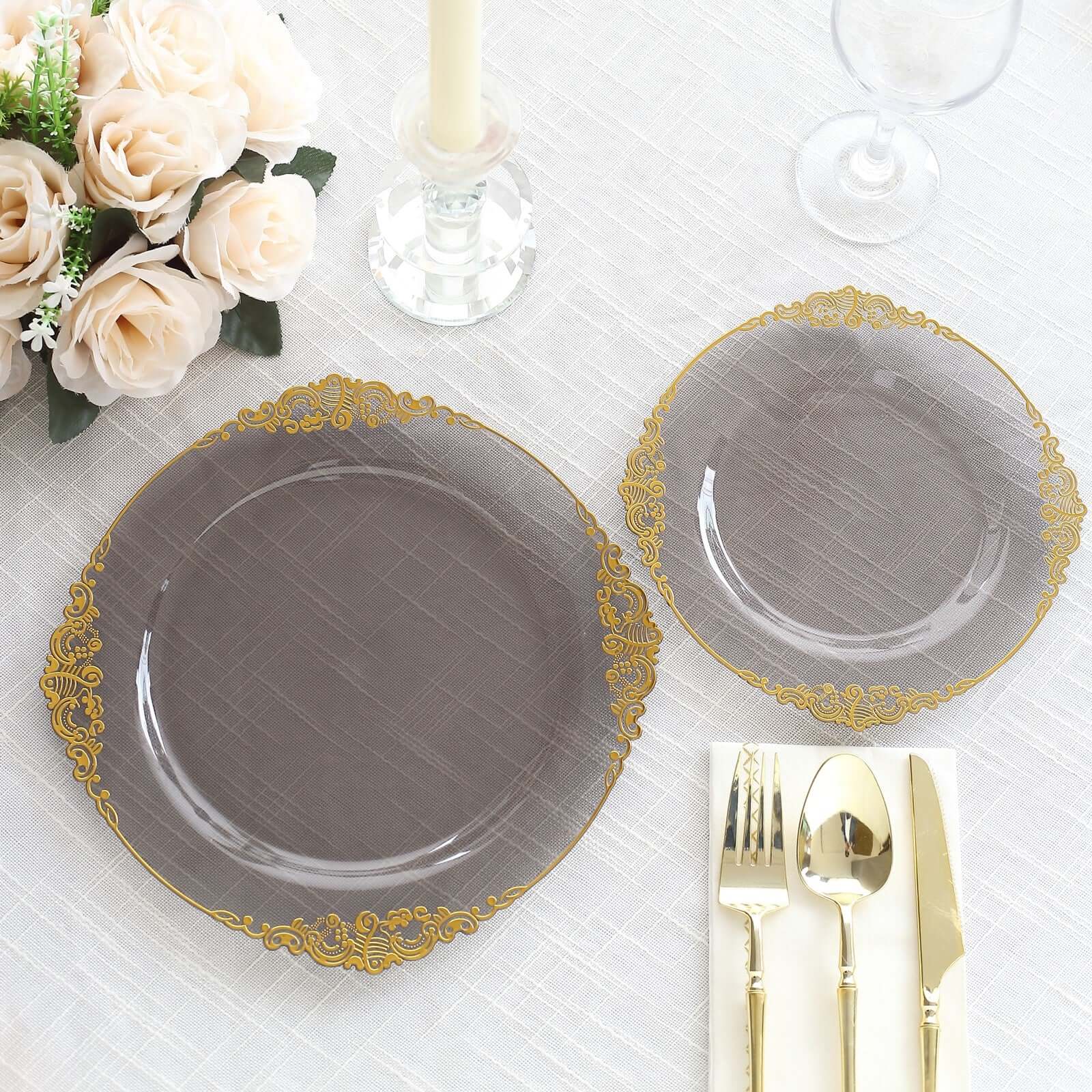 10-Pack Plastic 10" Round Dinner Plates in Transparent Black with Gold Leaf Embossed Rim - Disposable Vintage Baroque Style Plates