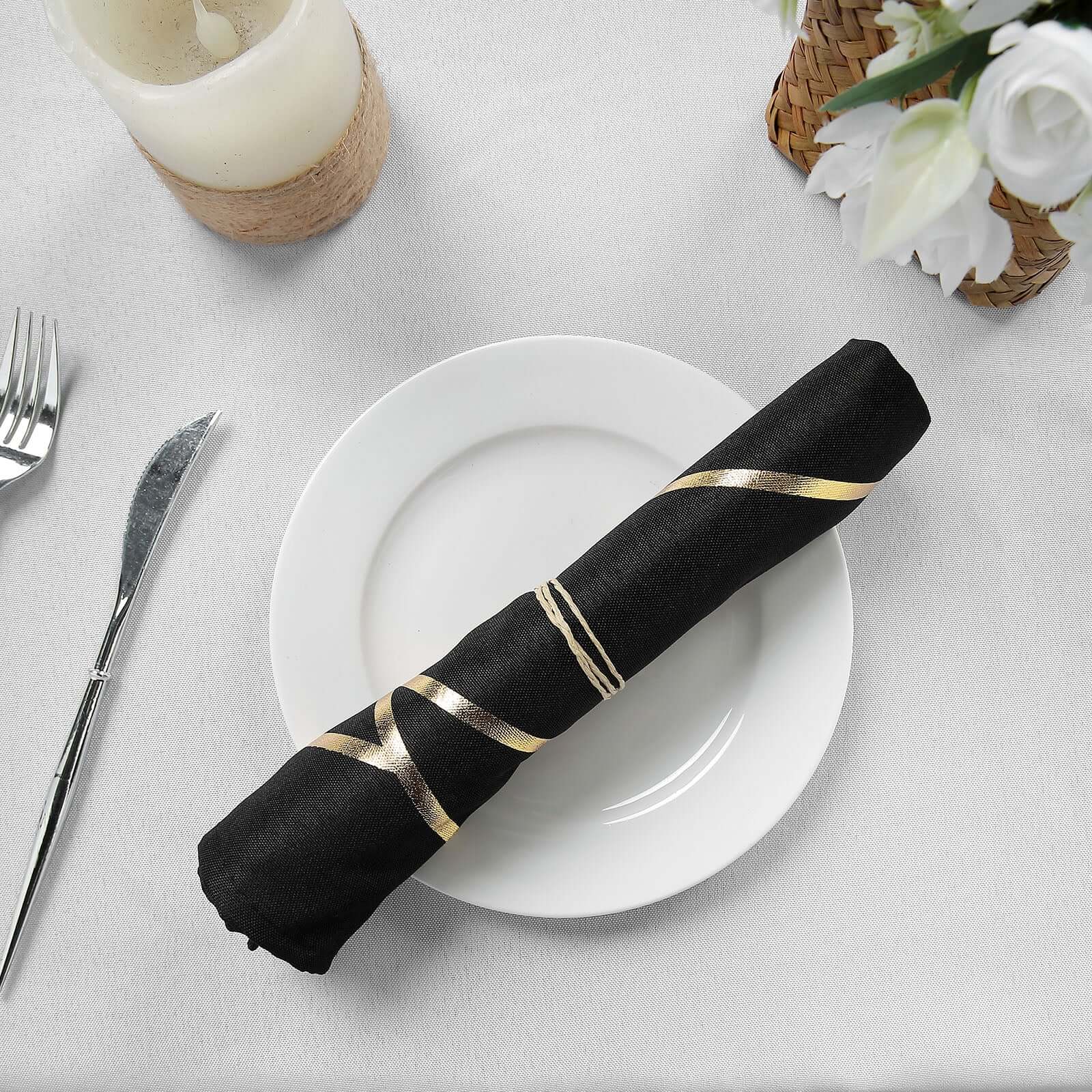 5 Pack Polyester 20"x20" Napkins Black with Gold Geometric Foil Pattern - Modern Reusable Dinner Napkins