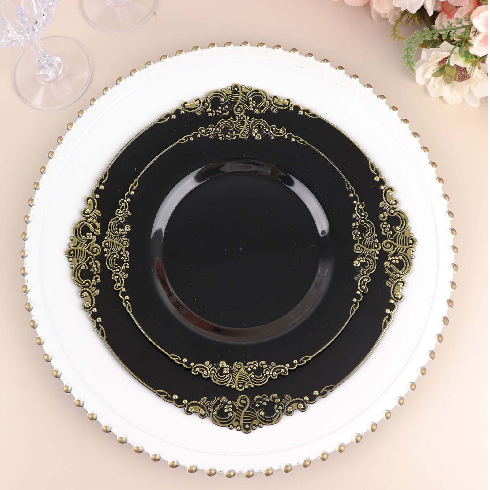 10-Pack Plastic 8" Round Dessert Plates in Black with Gold Leaf Embossed Rim - Disposable Vintage Baroque Style Salad Plates