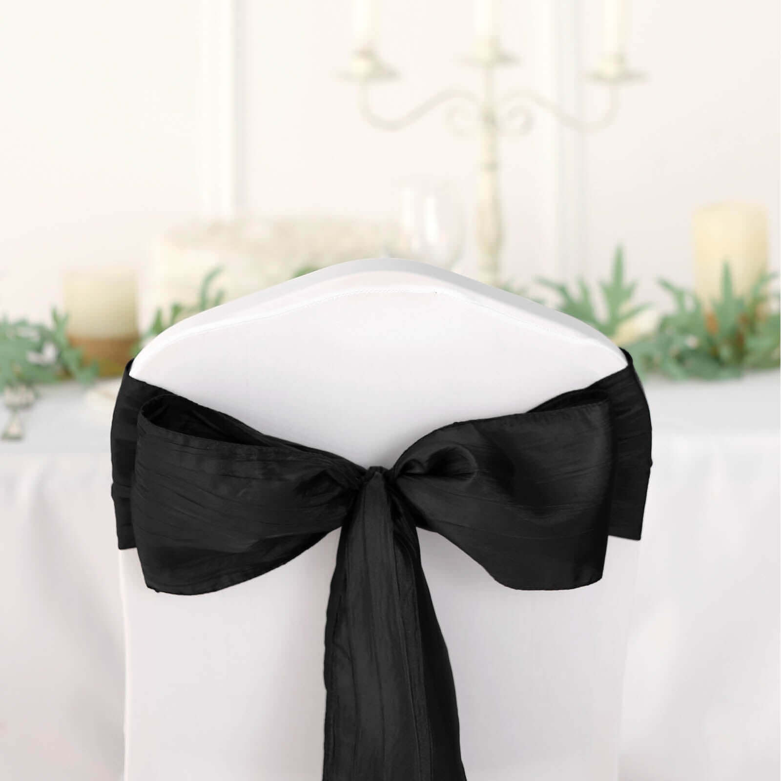 5 Pack Taffeta 6"x106" Chair Sashes Black Accordion Crinkle Texture - Stylish Decor for Weddings & Gatherings