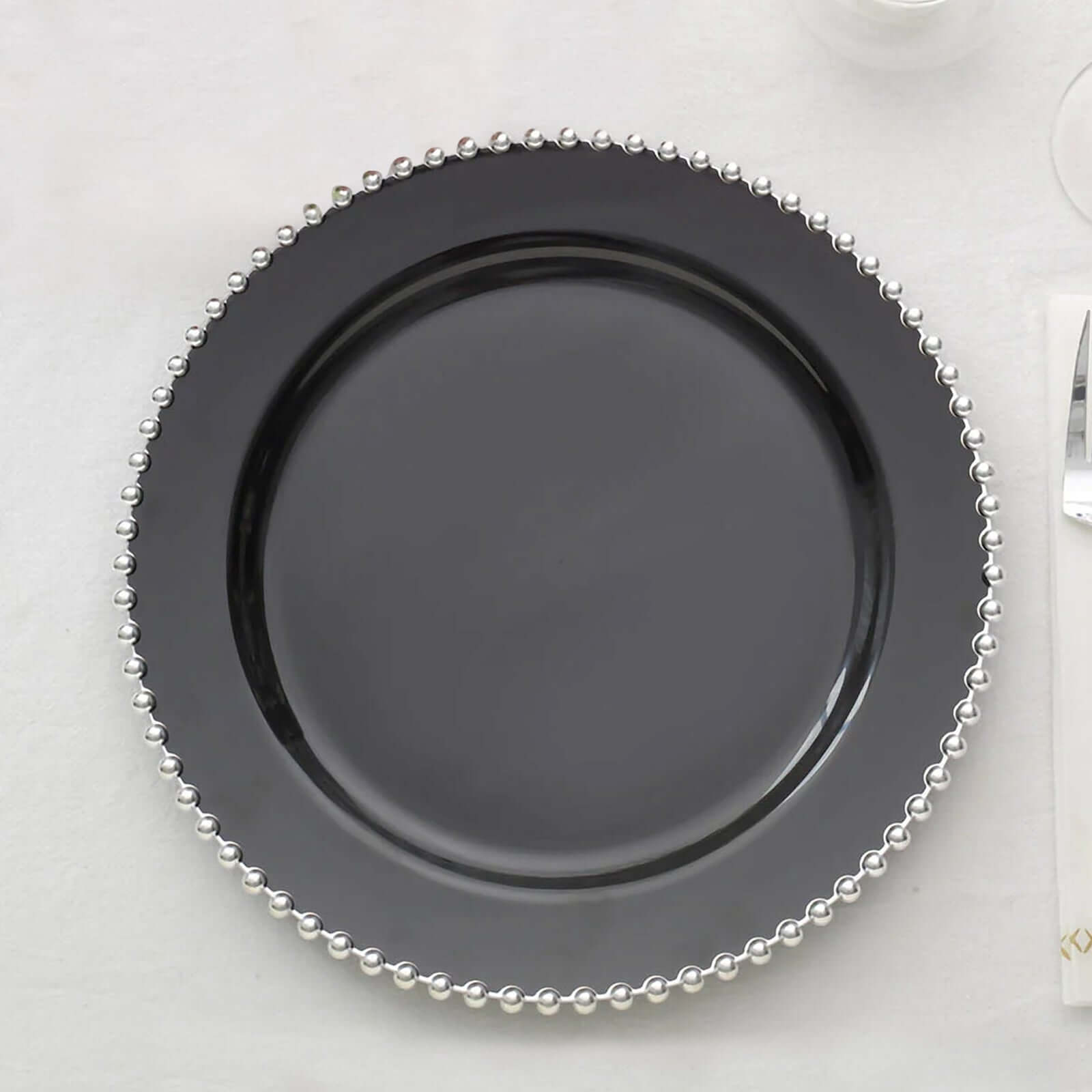 10-Pack Plastic 10" Round Dinner Plates in Black with Silver Beaded Rim - Disposable Party Plates for Banquets & Festive Occasions