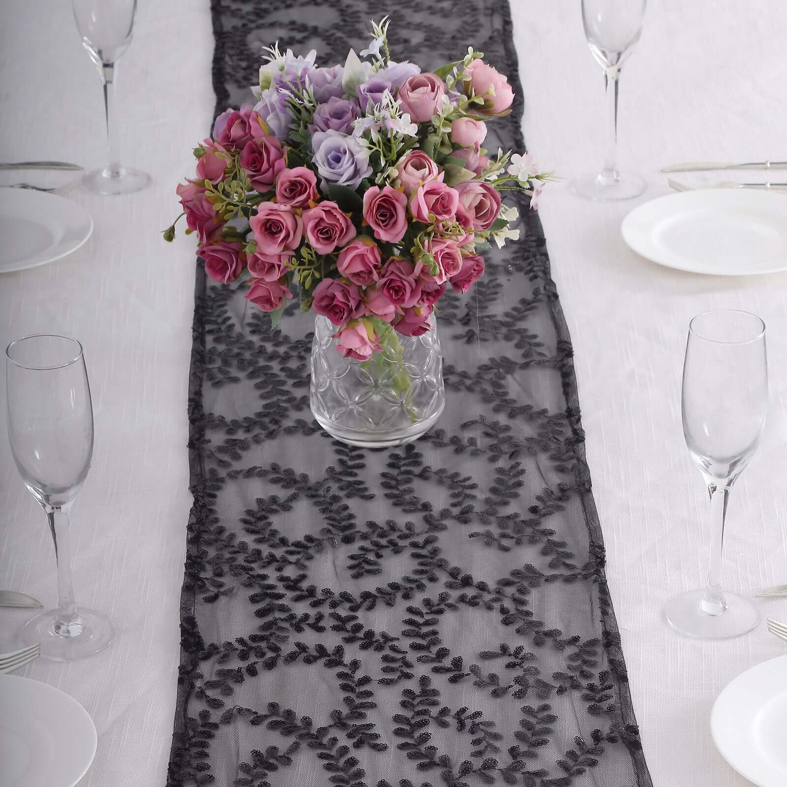Mesh 12"x108" Table Runner Black - Leaf Vine Embroidery