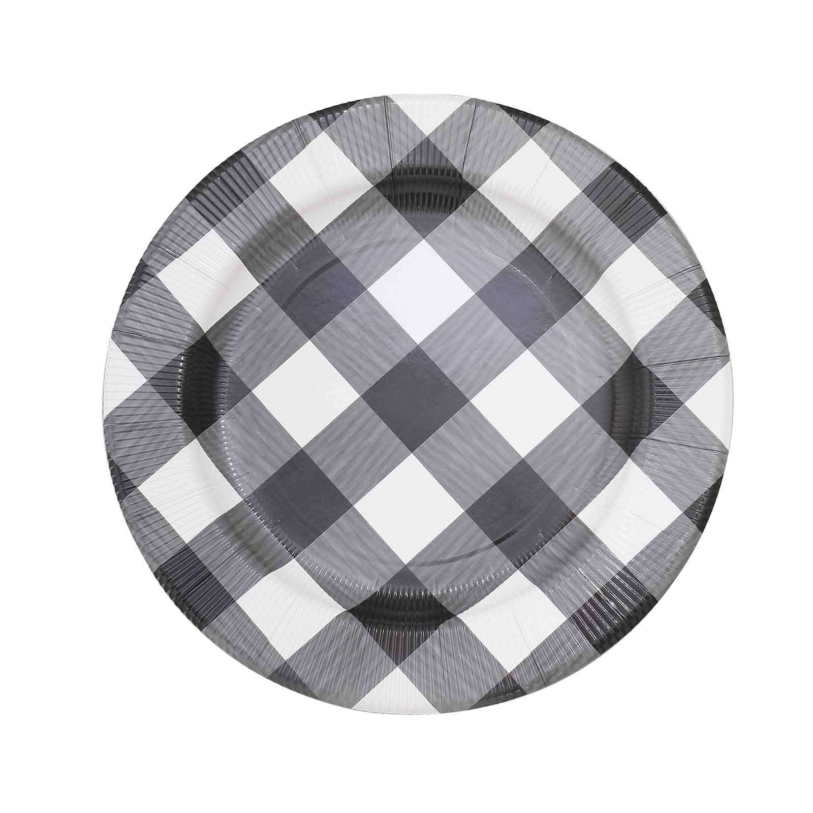 10-Pack Disposable Paper Charger Plates – Black/White Buffalo Plaid 13" Round Table Chargers, 350 GSM Cardstock