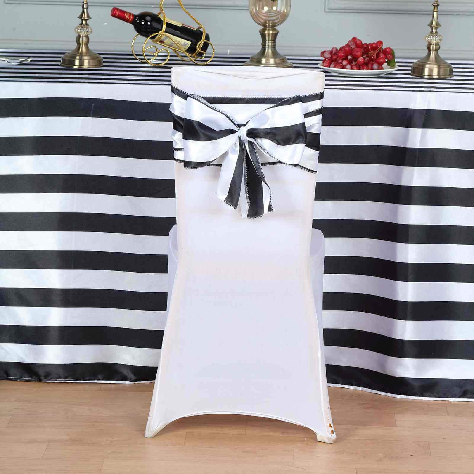 5 Pack Satin 6"x108" Chair Sashes Black/White Stripes - Sophisticated Decor for Weddings & Gatherings