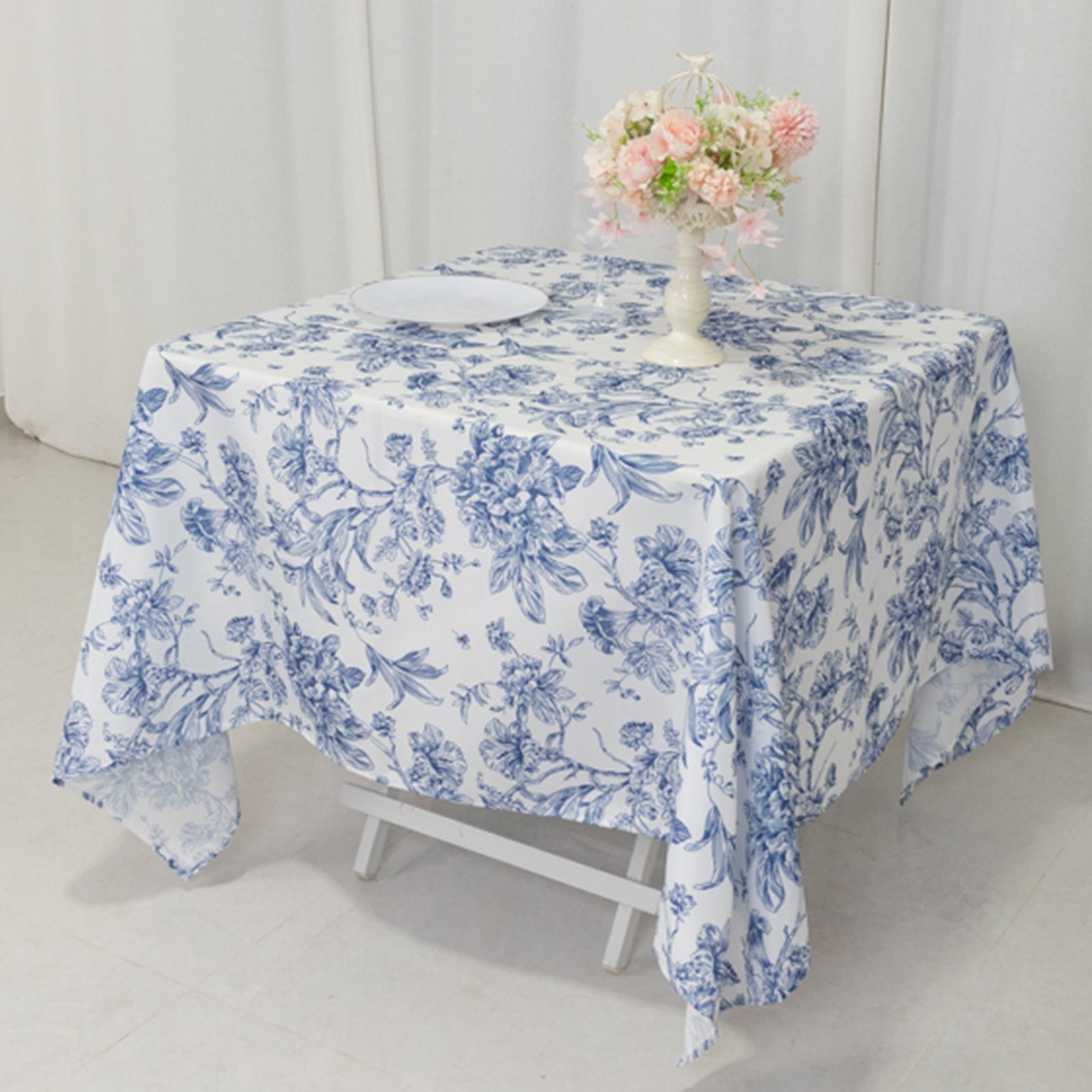 Polyester 70"x70" Square Tablecloth White - Blue French Toile Pattern for Sophisticated Settings