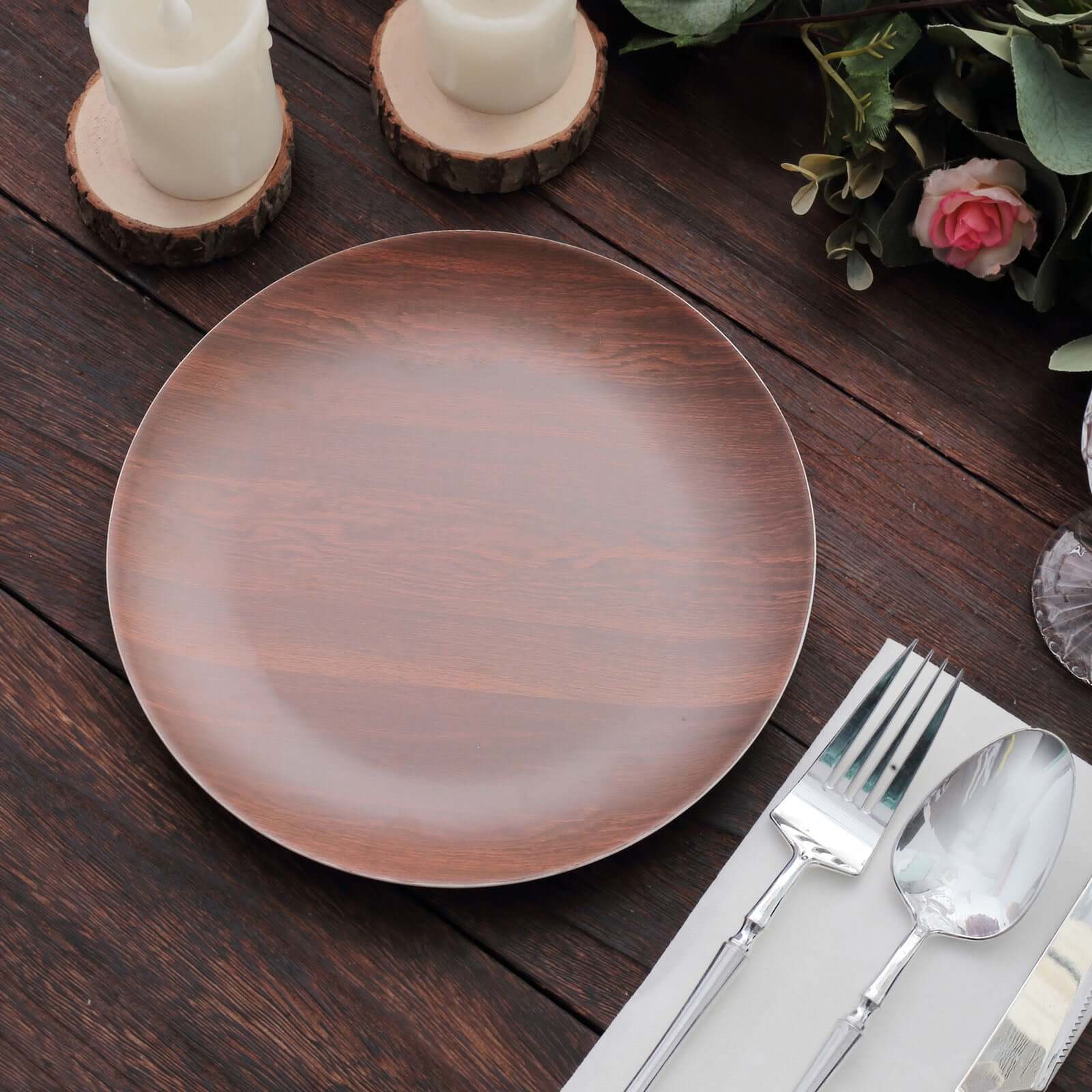 Pack of 6 Melamine 8" Round Dessert Plates in Brown Wood Grain Print - Disposable Shatterproof Appetizer Salad Plates for Rustic Farmhouse-Inspired Table Decor