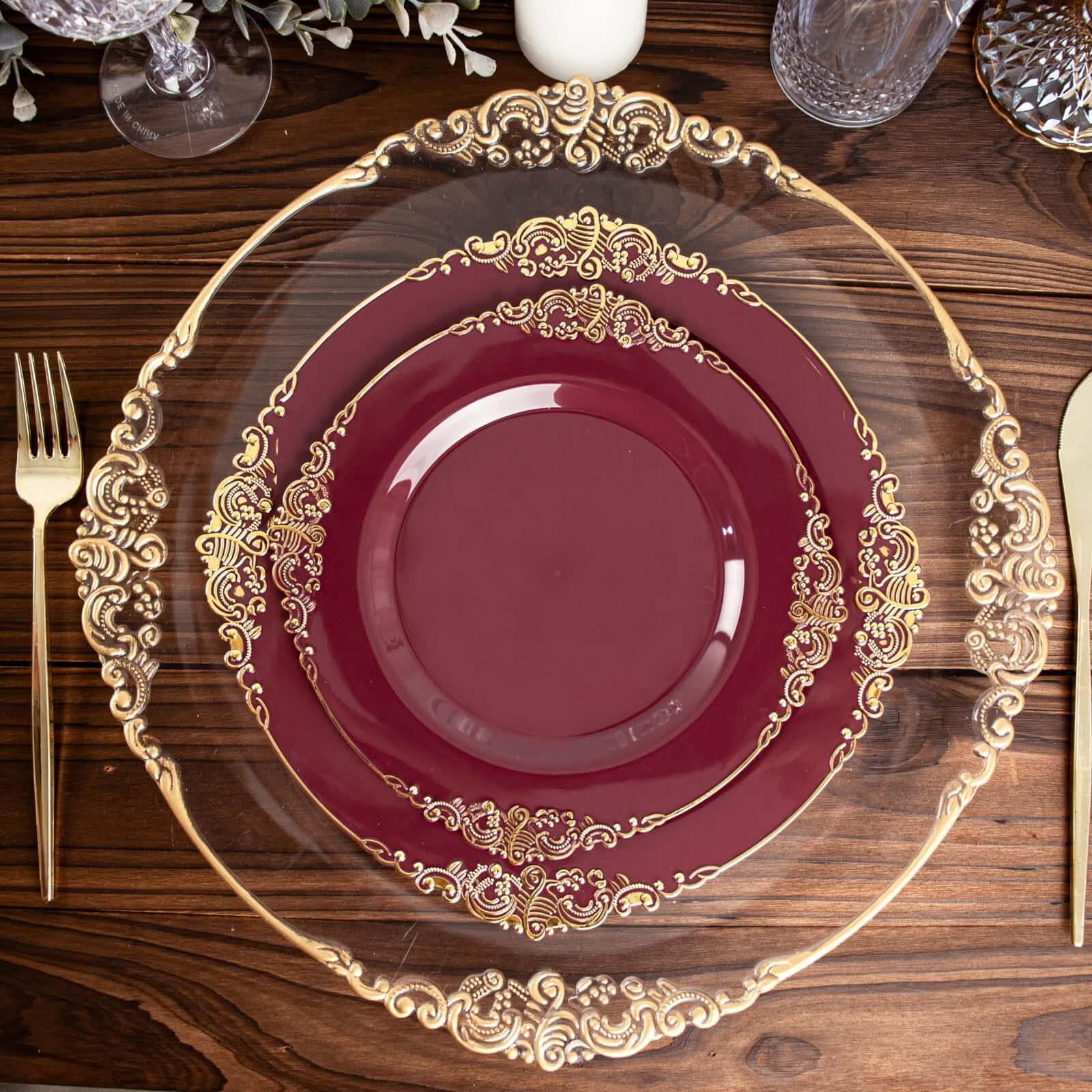 10-Pack Plastic 10" Round Dinner Plates in Burgundy with Gold Leaf Embossed Rim - Disposable Vintage Baroque Style Plates