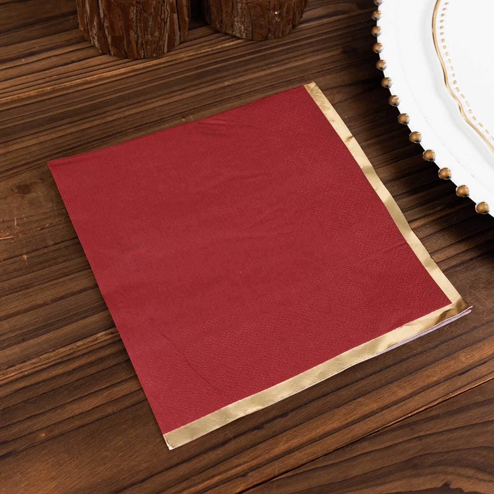 50-Pack Paper Beverage Napkins with Gold Foil Edge Burgundy - Disposable 2 Ply Cocktail Napkins for Events 6.5"x6.5"
