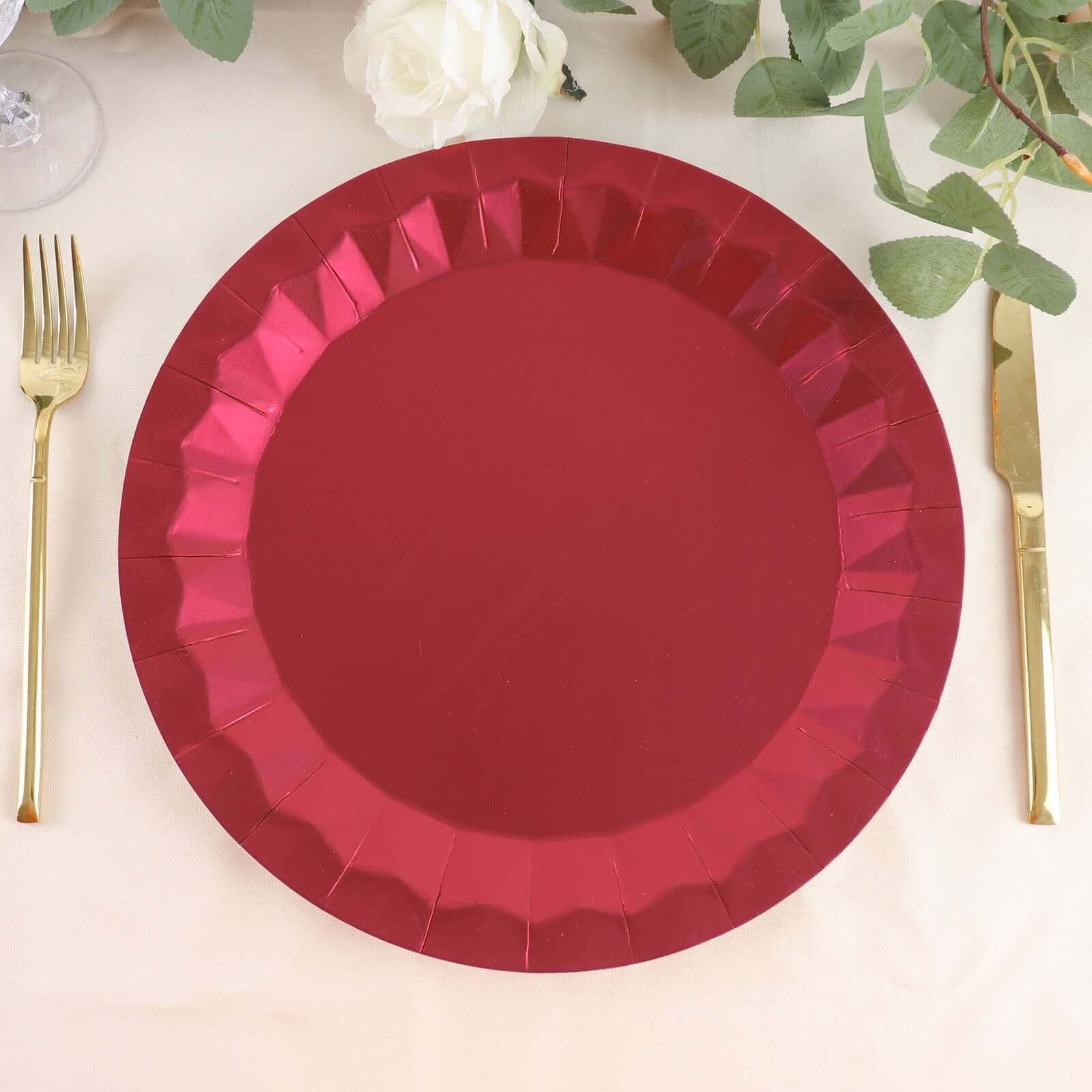 25-Pack Paper 12" Round Charger Plates in Burgundy with Geometric Prism Design - Disposable 400GSM Serving Trays