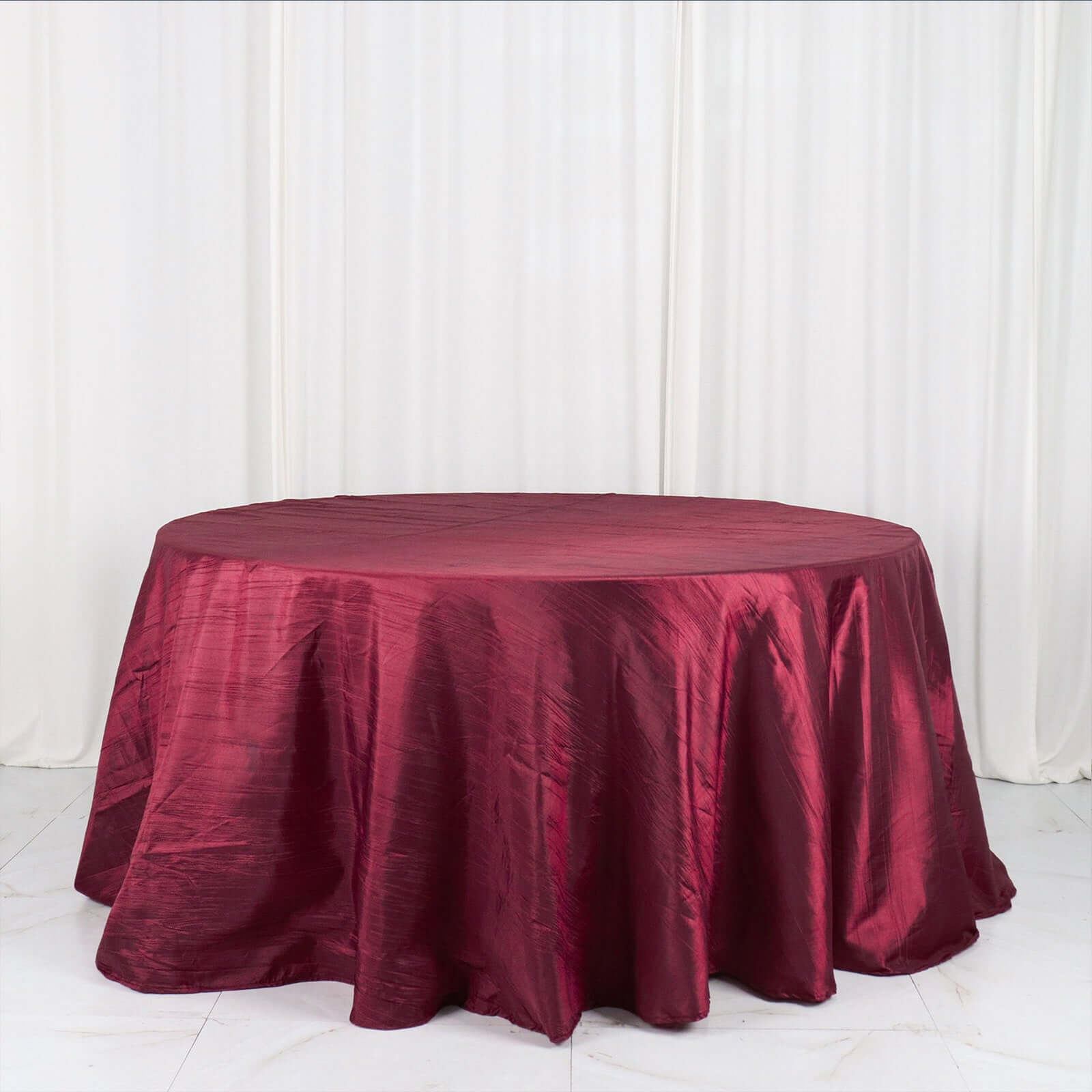 Taffeta 132" Round Tablecloth Burgundy - Seamless Accordion Crinkle Table Cover