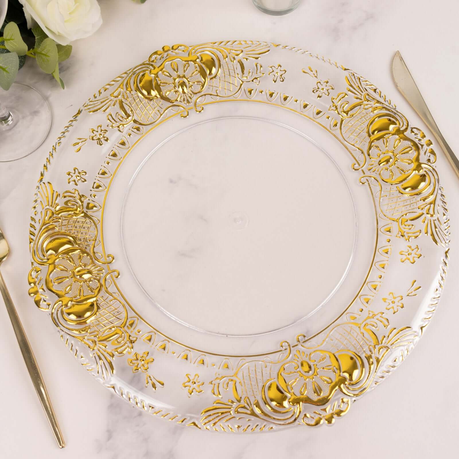 6-Pack Plastic Round Charger Plates 13" in Clear with Gold Florentine Embossed Rim, Exquisite Dinner Serving Plates