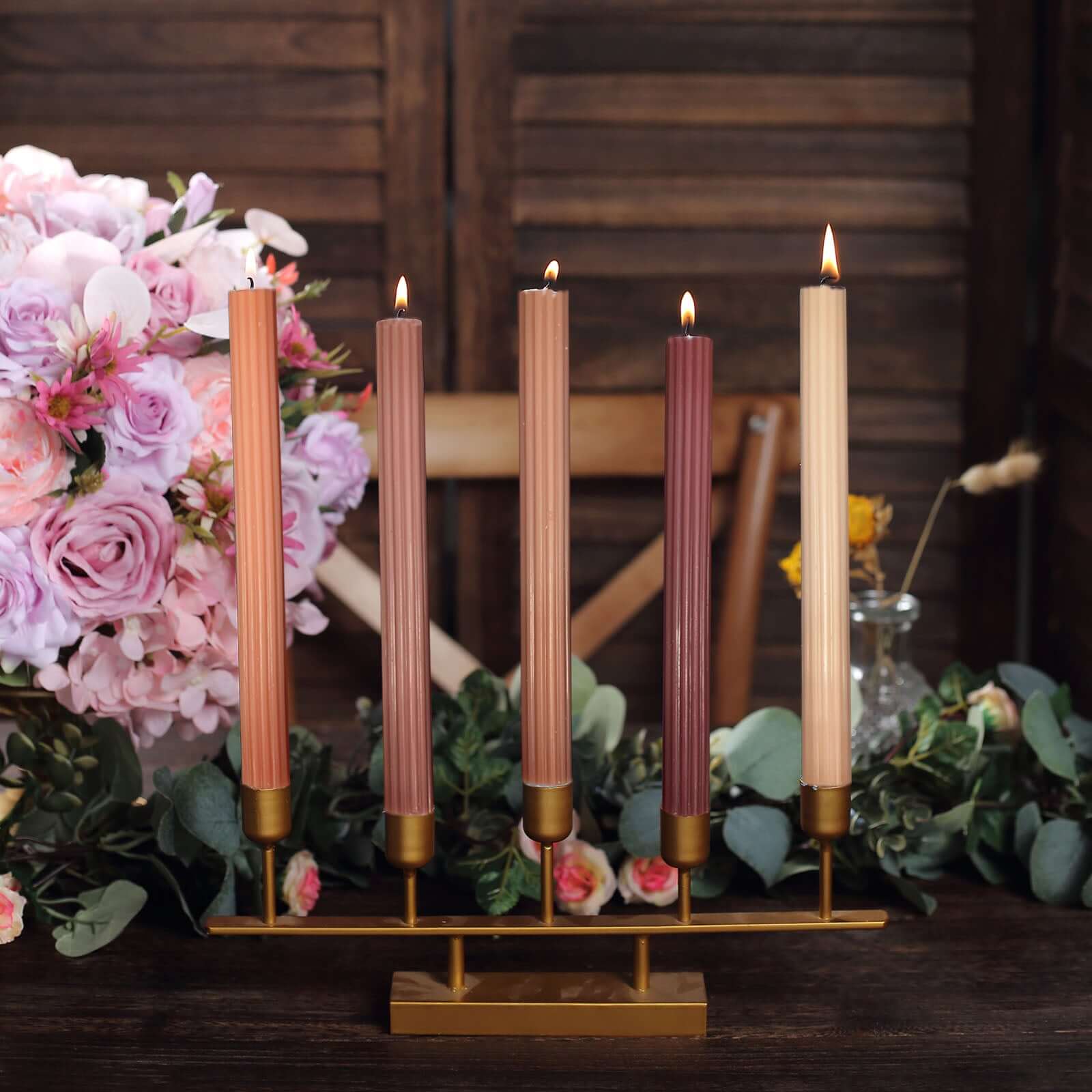 5-Pack Taper Candles Ribbed Wick Ribbon Wax Design Assorted Natural - Premium Unscented Dinner Candles 9"