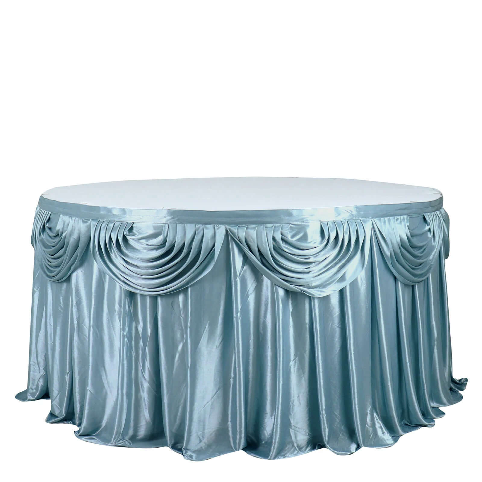 Satin 14ft Table Skirt Dusty Blue - Pleated Double Drape Table Cover