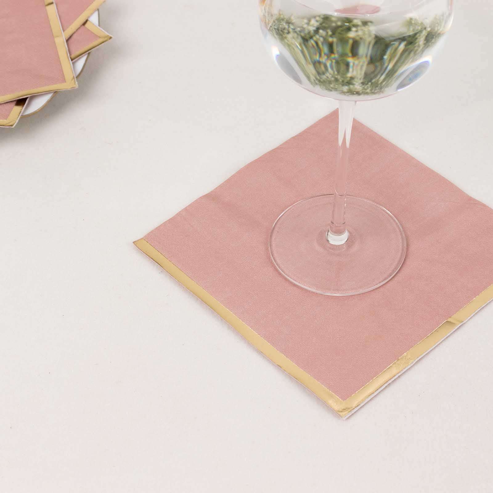 50-Pack Paper Beverage Napkins with Gold Foil Edge Dusty Rose - Disposable 2 Ply Cocktail Napkins for Events 6.5"x6.5"