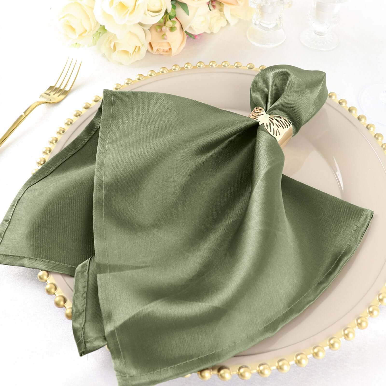5 Pack Satin 20"x20" Napkins Dusty Sage Green - Luxurious Shine & Smooth Dinner Napkins