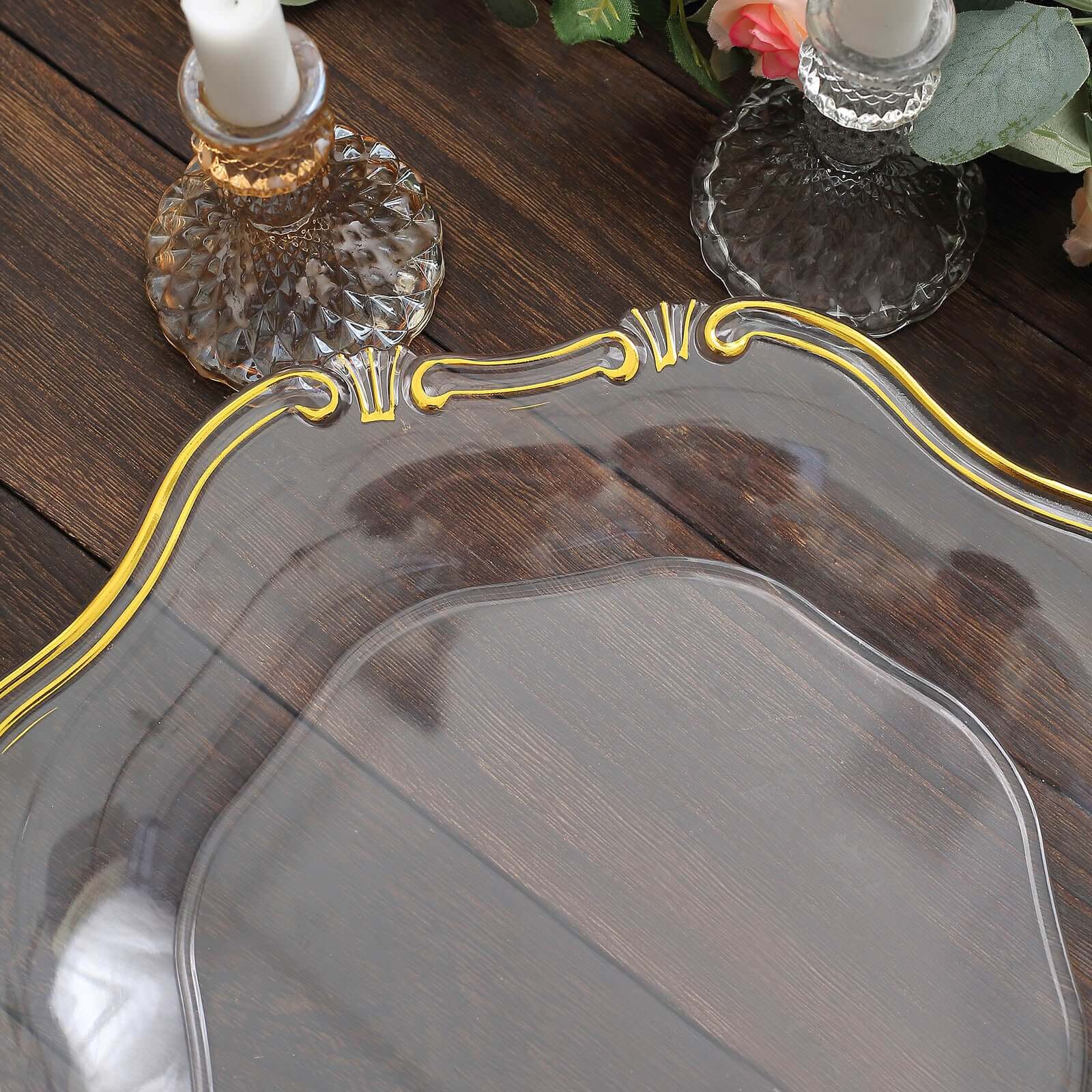 6-Pack Acrylic Plastic Hexagon Charger Plates 13" in Clear with Gold Baroque Scalloped Rim, Exquisite Dinner Serving Plates
