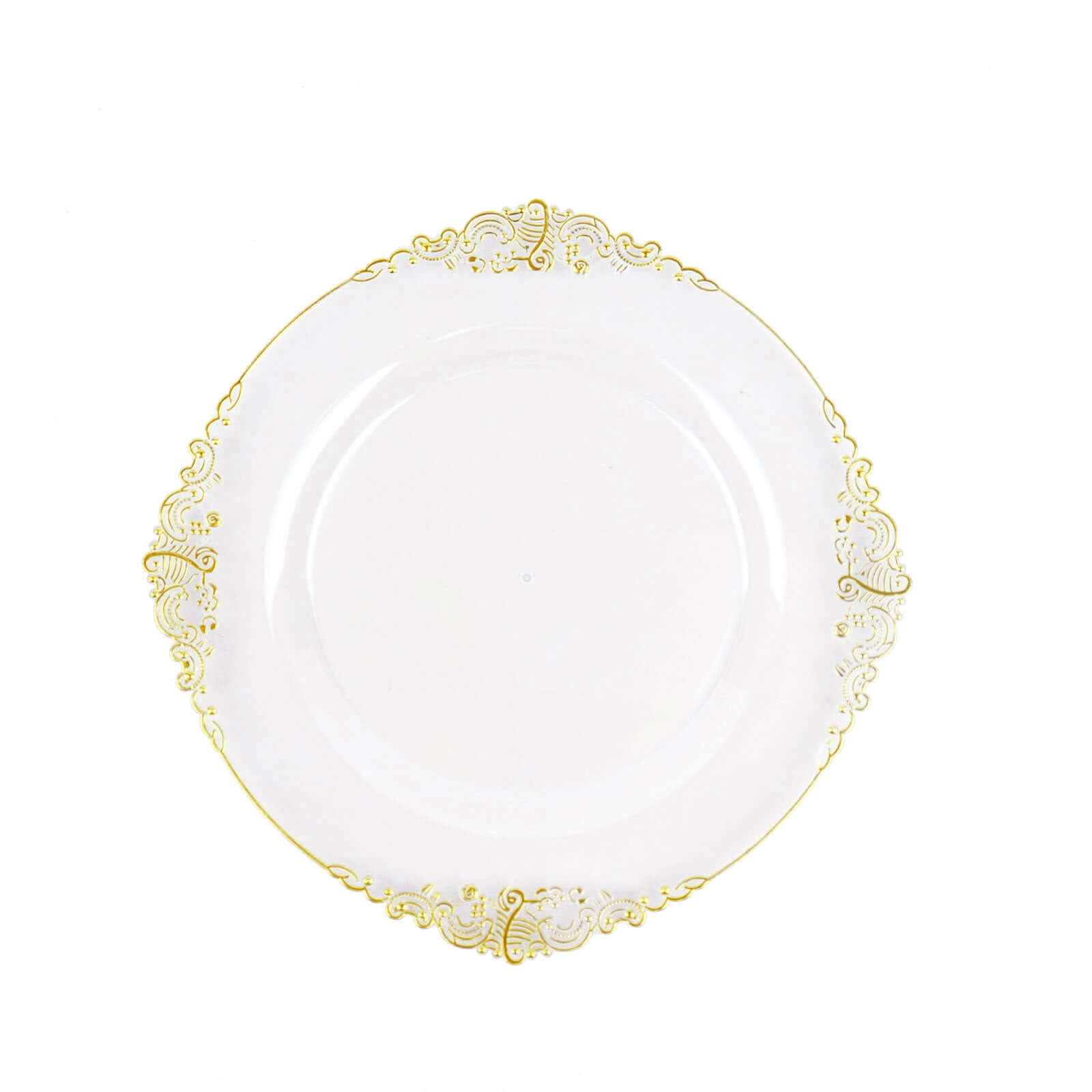 10-Pack Plastic 8" Round Dessert Plates in Clear with Gold Leaf Embossed Rim - Disposable Vintage Baroque Style Salad Plates