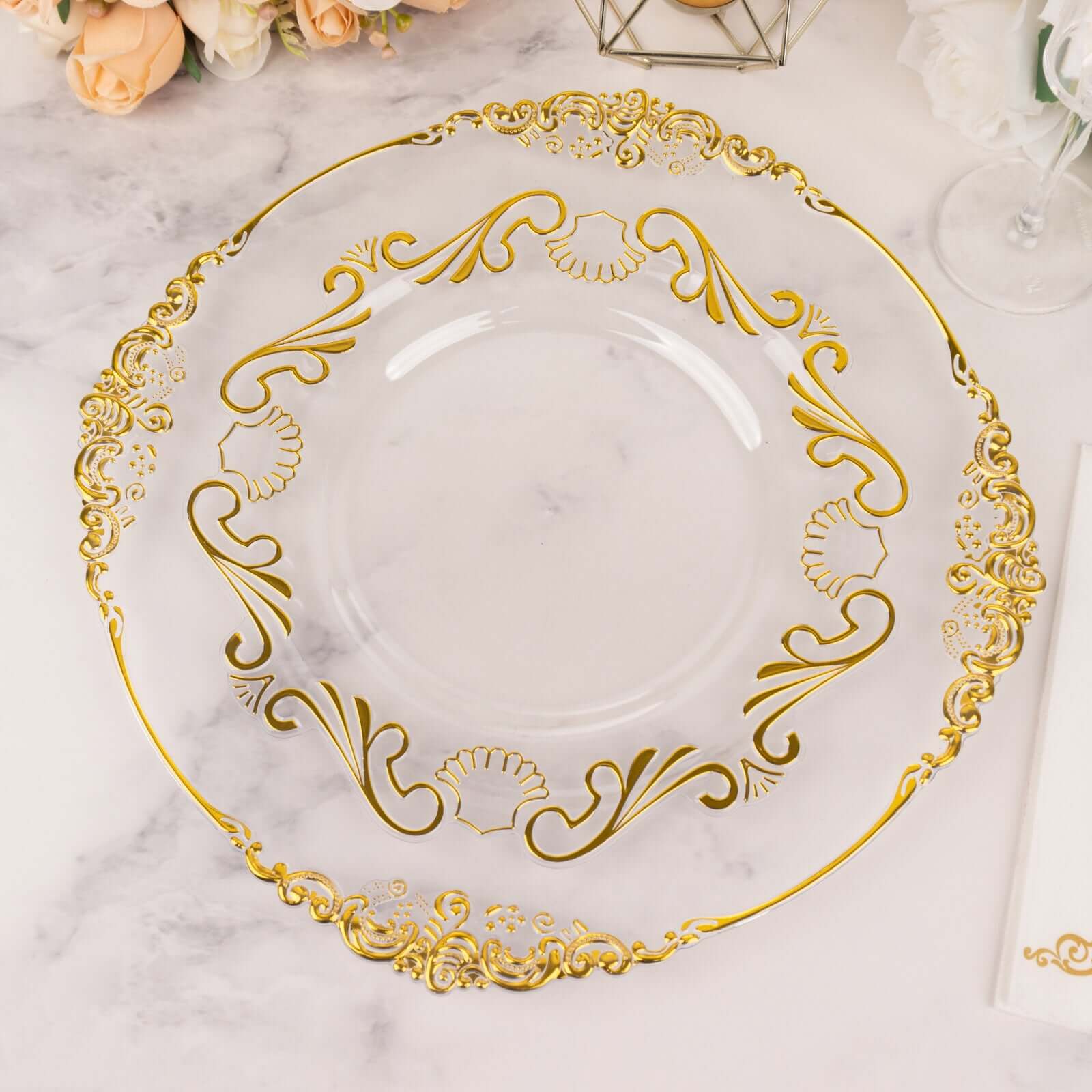 10-Pack Plastic 10" Round Dinner Plates in Clear with Gold Vintage Baroque Scalloped Rim - European Style Disposable Party Plates