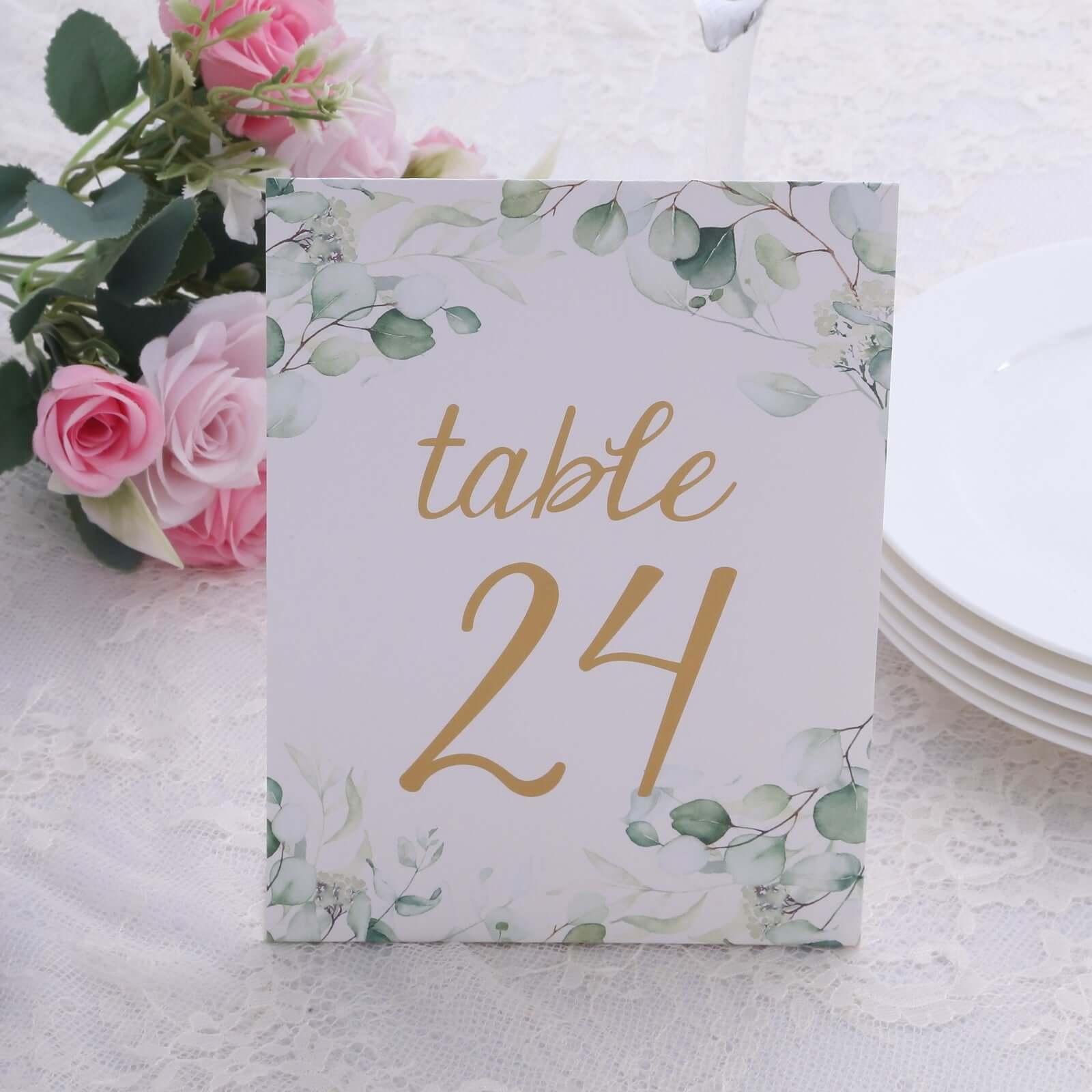 25-Pack Paper Wedding Table Numbers 1-25 White/Green Eucalyptus Leaves Design - Free Standing Double Sided Table Signs with Glam Gold Foil Numbers 7"