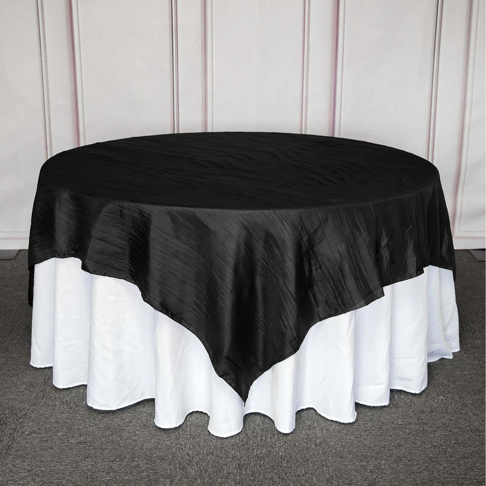Taffeta 90"x90" Table Overlay Square Tablecloth Black - Accordion Crinkle Table Cover