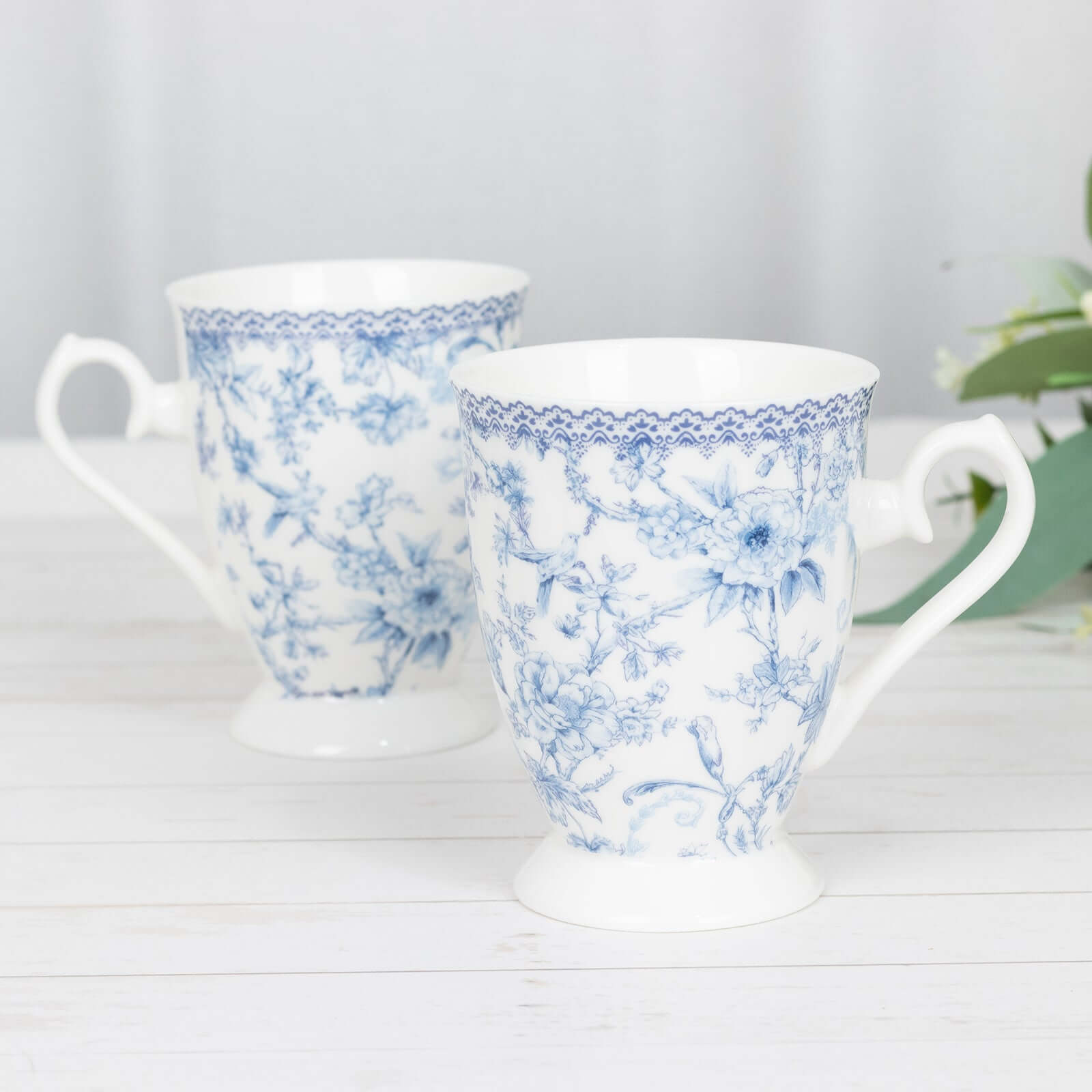 White Blue French Toile Bridal Shower Gift Set, 2 Pack Porcelain Tea Cups With Matching Keepsake Gift Box and Satin Ribbon Handle