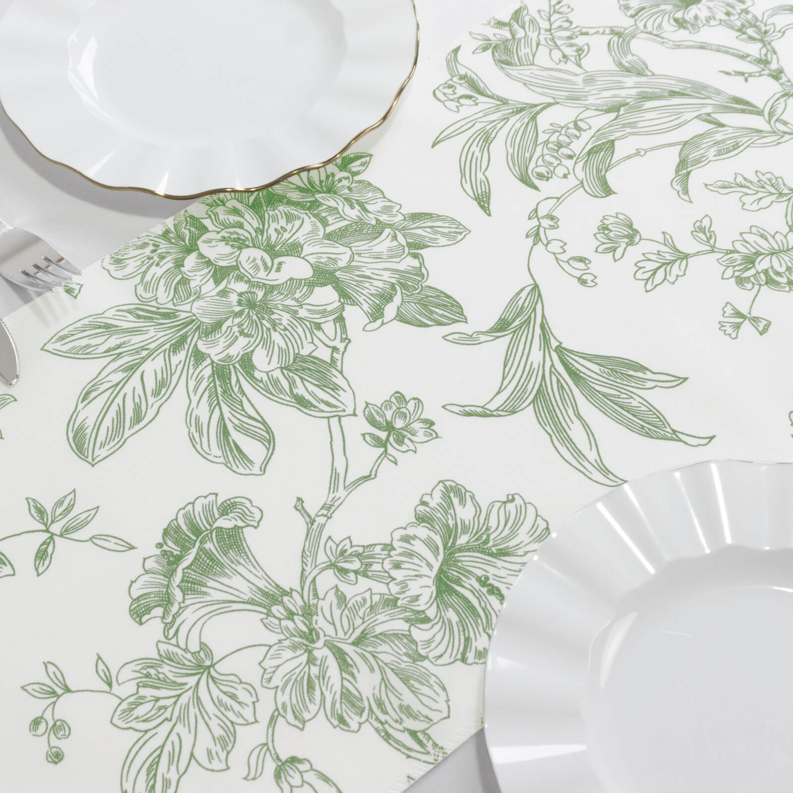 Polyester Table Runner 12"x108" White with Dusty Sage Green French Toile Floral Print Reusable Table Décor