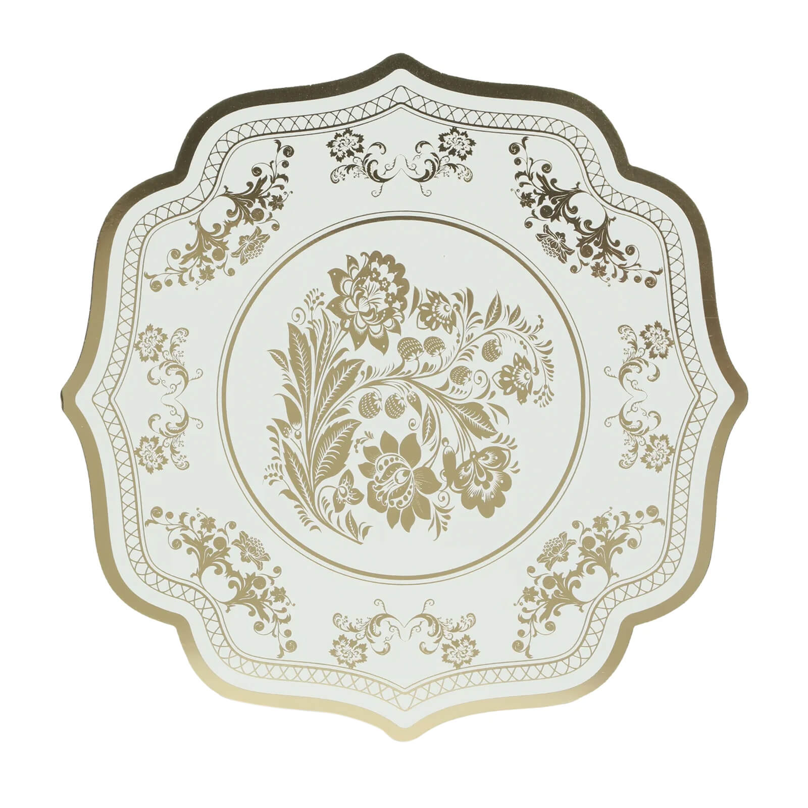 10 Pack Cardboard Paper Table Mats with White Gold Damask Floral Pattern, 13" Round Disposable Placemats with Scalloped Rim - 400 GSM