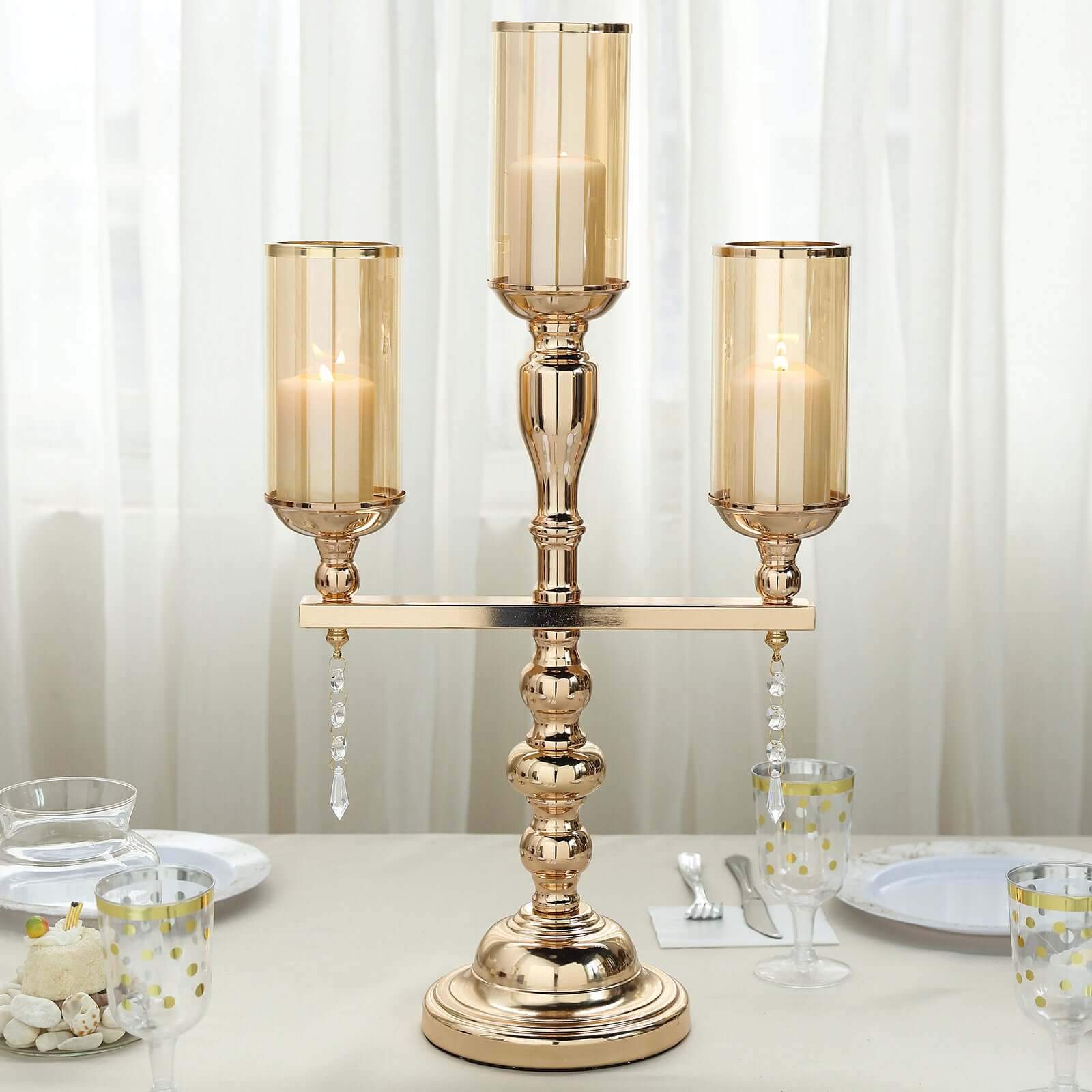 3-Arm Gold Candelabra Metal with Amber Glass Shades - Stylish Table Centerpiece for Gatherings