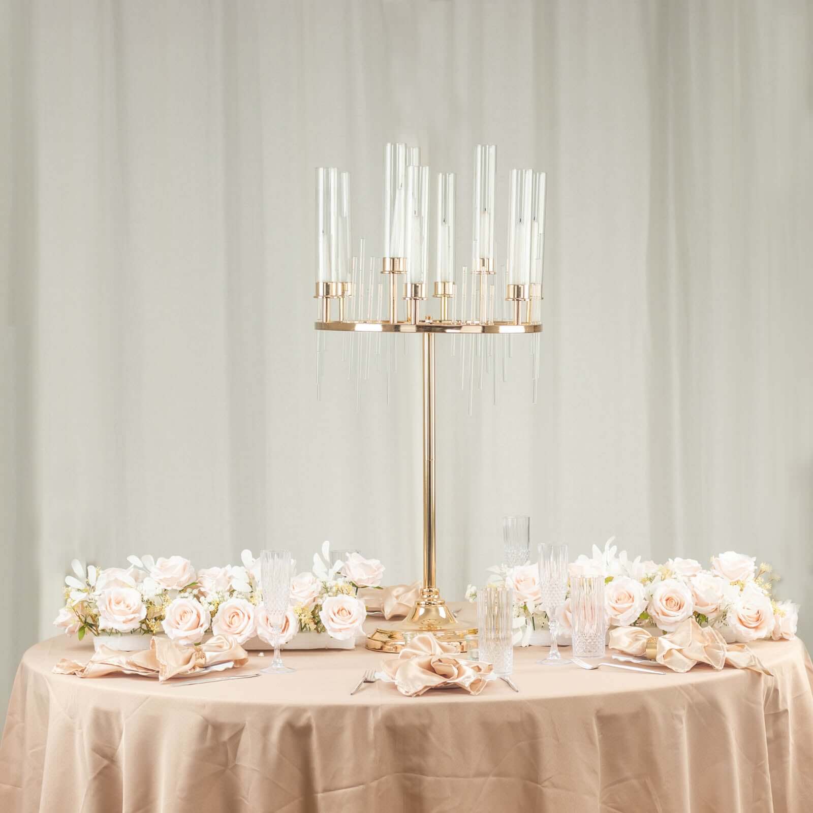 Metal 9-Arm Round Cluster Taper Candelabra Table Centerpiece Gold - Candlestick Holder Table Centerpiece With Drip Accents and Clear Glass Shades 40"