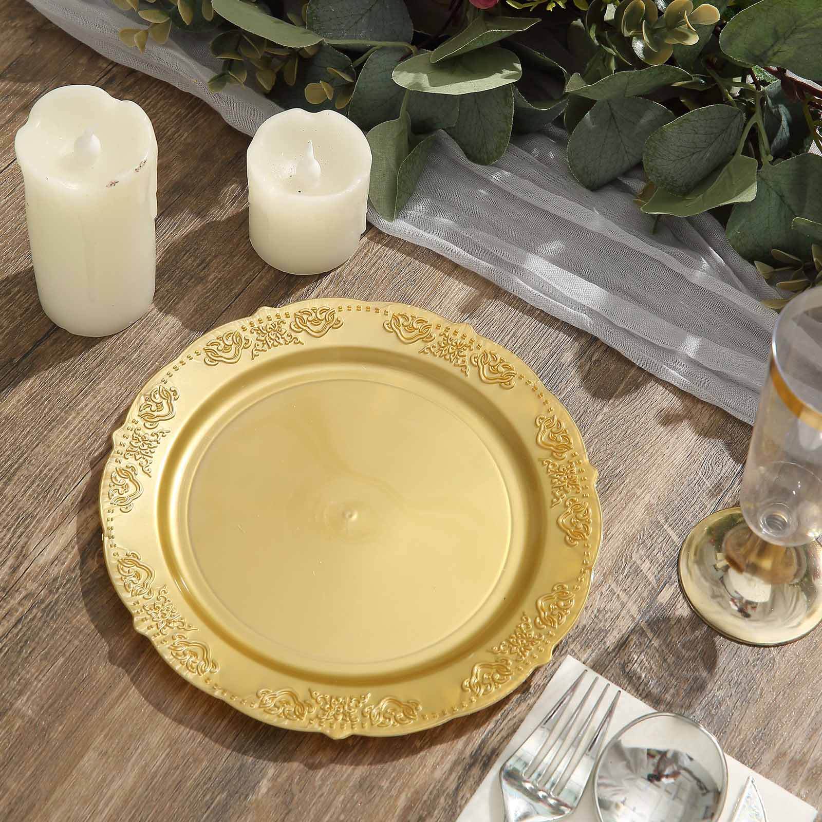 10-Pack Plastic 7.5" Round Appetizer Plates Gold Embossed Scalloped Edge - Chic Disposable Salad Plates for Special Occasions & Banquets