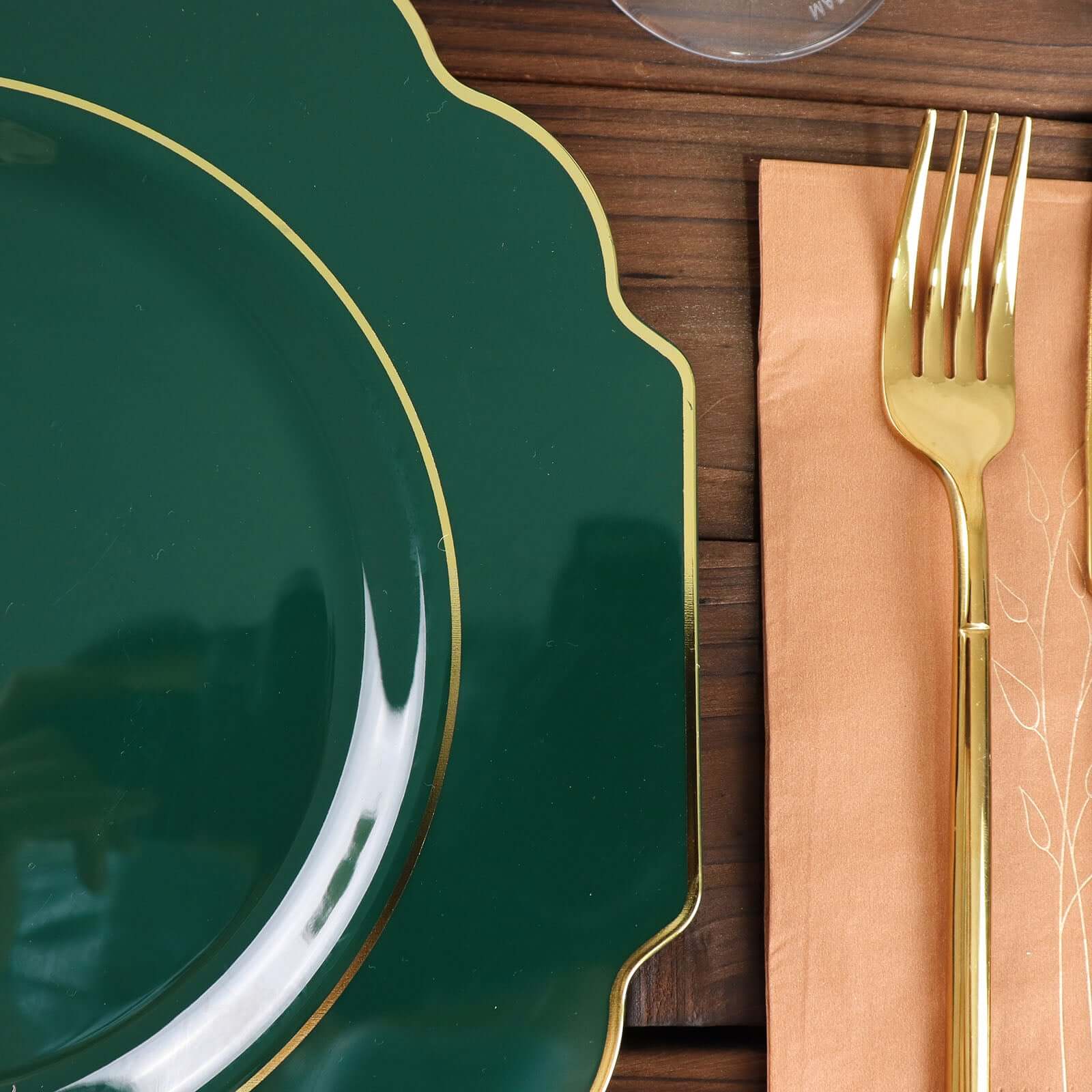 10-Pack Plastic Dinner Plates in Hunter Emerald Green Baroque Design with Scalloped Gold Rim - Heavy Duty Disposable Party Plates 11"