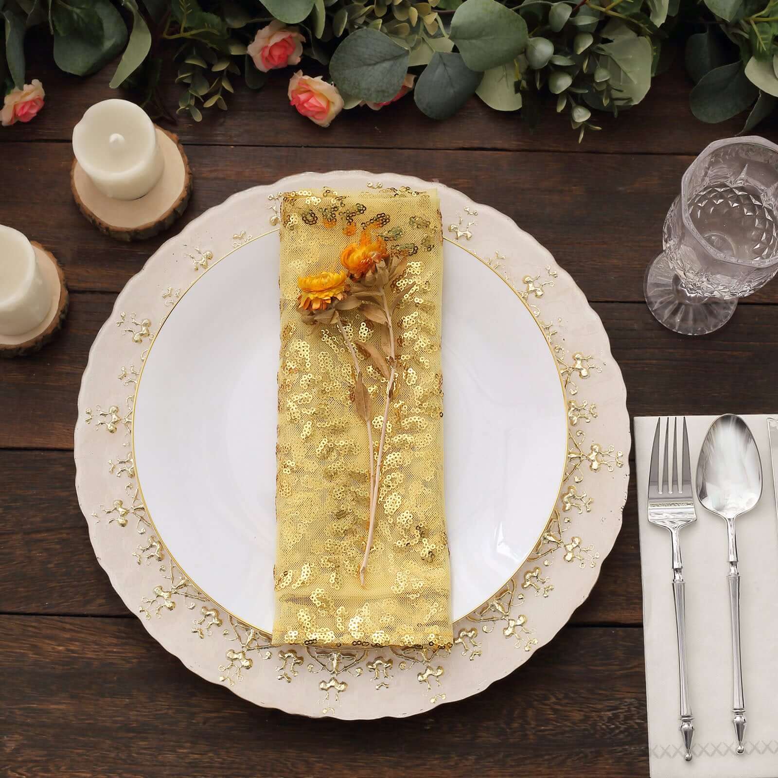 Sequin Tulle 20"x20" Napkin Gold Embroidered Leaf Vine Pattern - Shimmering Event Decor