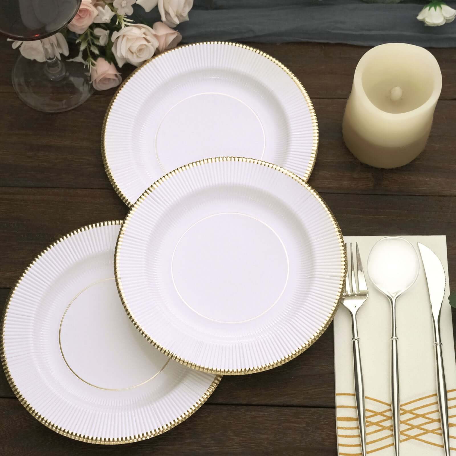 25-Pack Paper 8" Round Dessert Plates in White Sunray Design with Gold Rim - Disposable Heavy Duty 350GSM Appetizer Salad Plates for Banquets & Celebrations