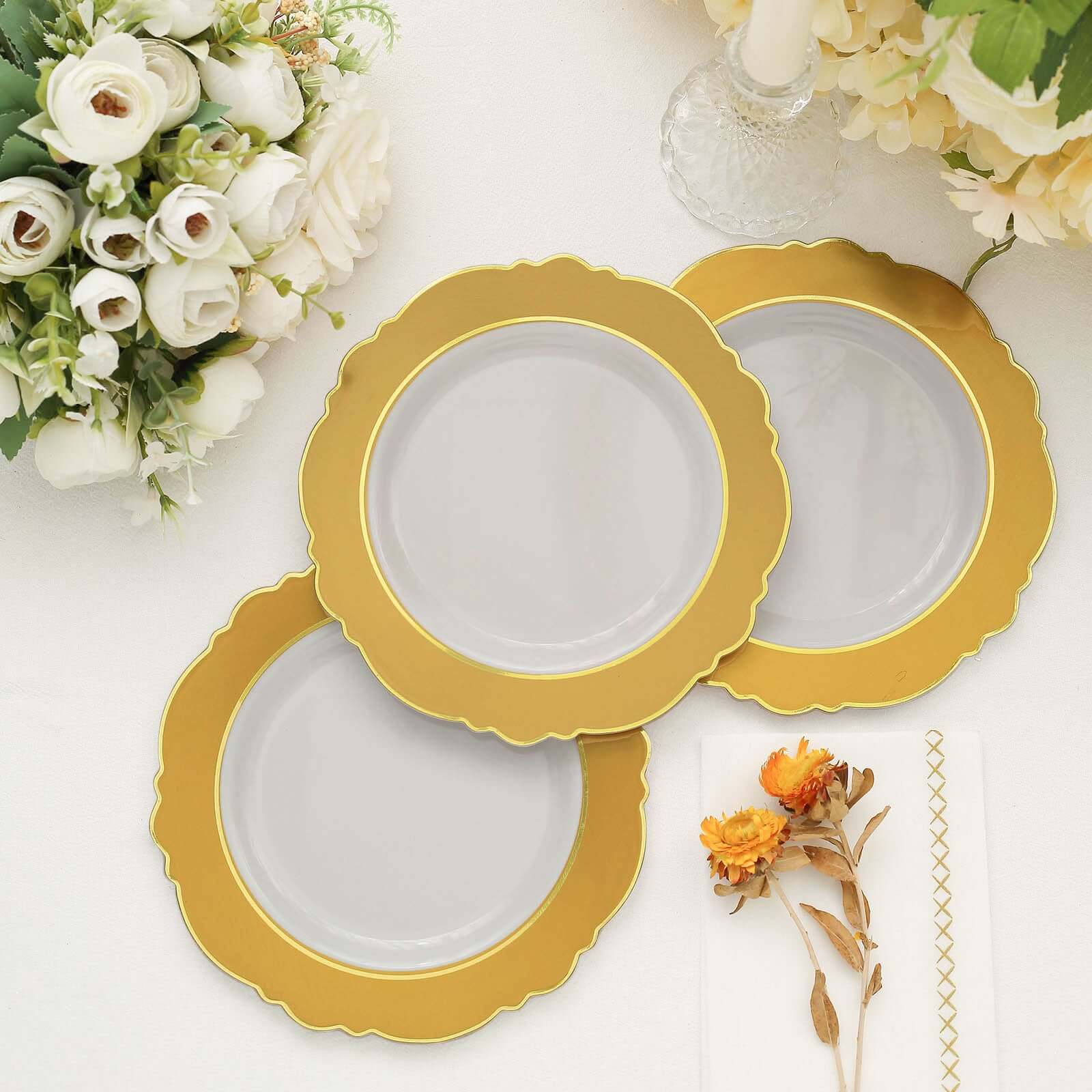 10-Pack Plastic 8" Round Dessert Plates in White with Gold Blossom Design & Gold Edging - Disposable Salad Appetizer Plates for Modern & Classy Table Decor