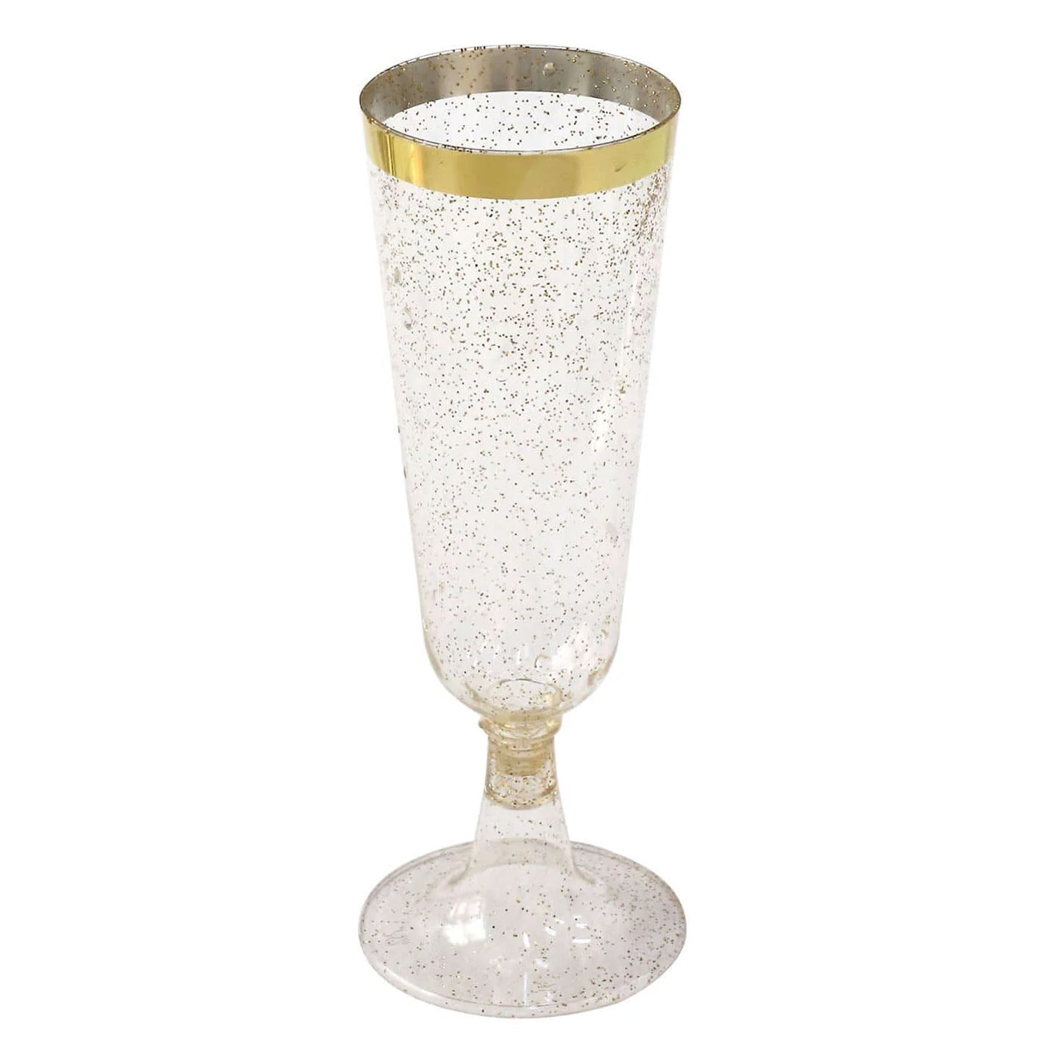 12-Pack Plastic Champagne Flutes Clear Gold Glittered with Gold Rim - Stylish Disposable Cocktail Glasses for Parties 6oz 6"