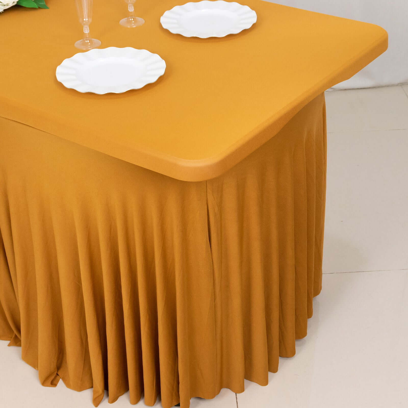 Spandex Rectangle 72"x30" Table Skirt Gold with Wavy Skirt-Like Effect Stylish Table Cover for Weddings, Banquets & Trade Shows
