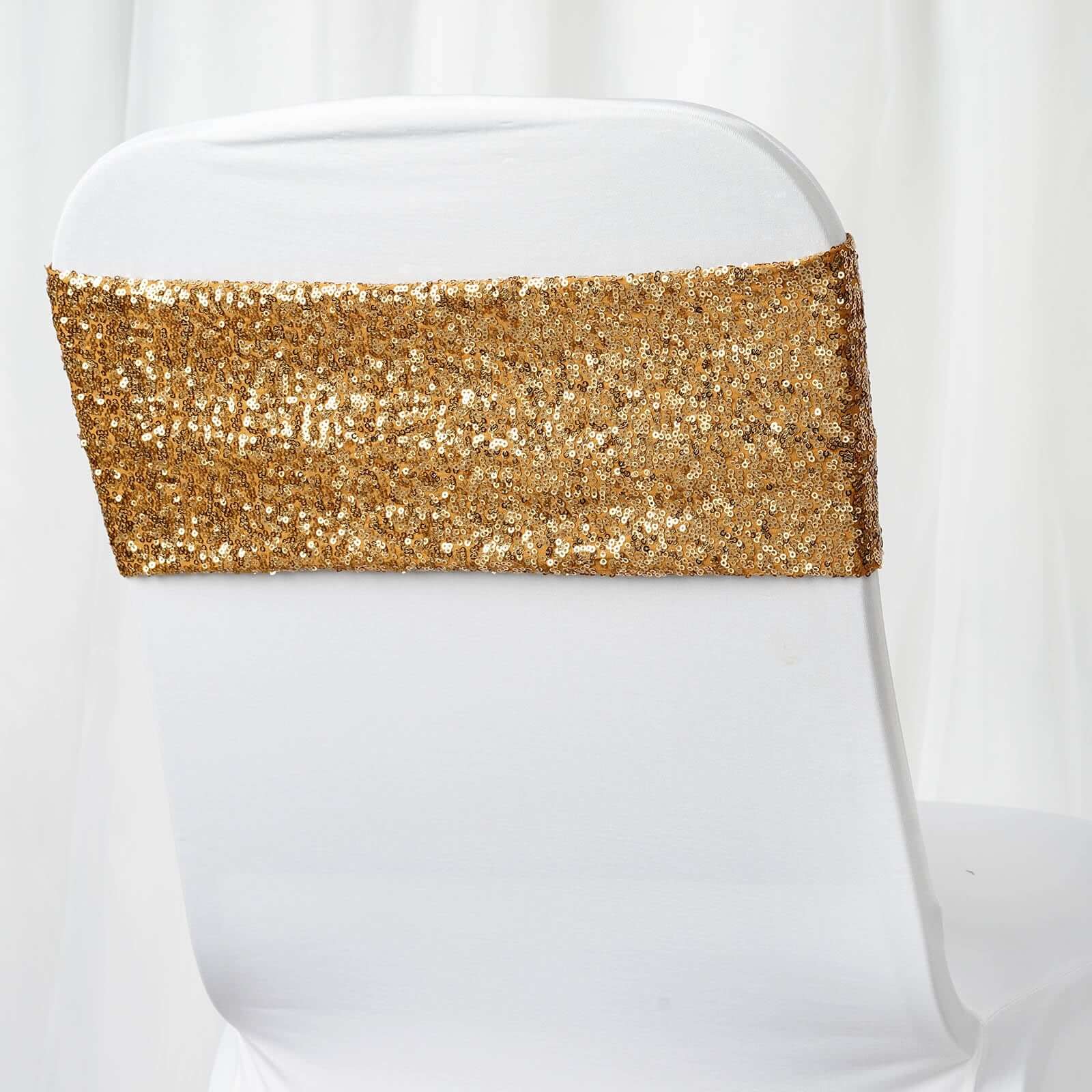 5 Pack Sequin Spandex Chair Sashes Gold - Sparkly Stretch Chair Bands for Glamorous Events 6"x15"