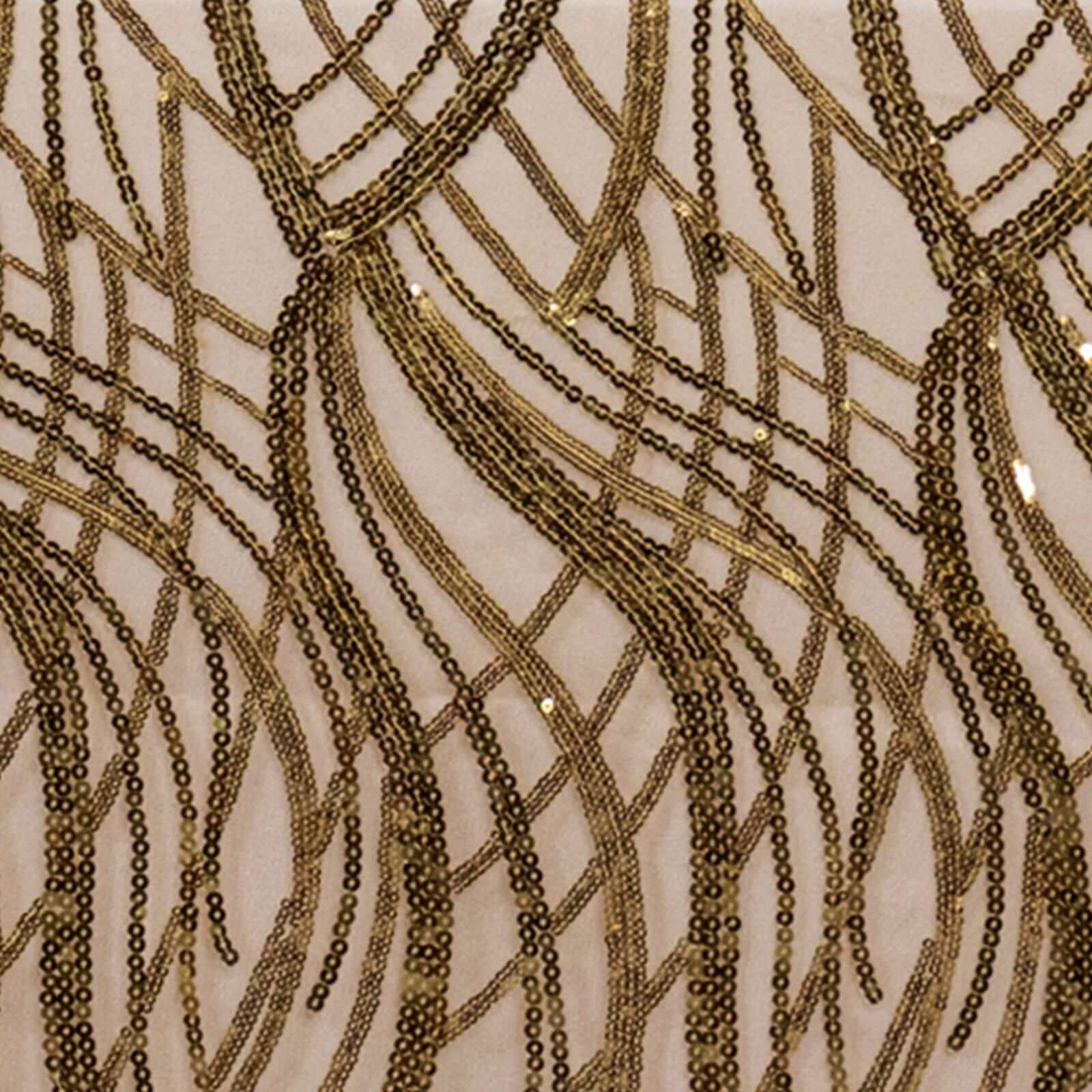 Mesh 90"x156" Rectangle Tablecloth Gold - Wave Sequin Embroidered Design for Refined Occasions