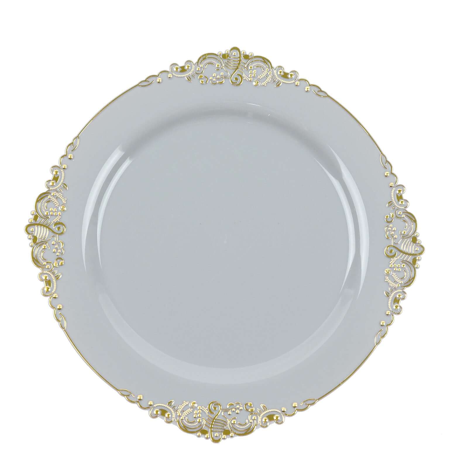 10-Pack Plastic 10" Round Dinner Plates in Gray with Gold Leaf Embossed Rim - Disposable Vintage Baroque Style Plates